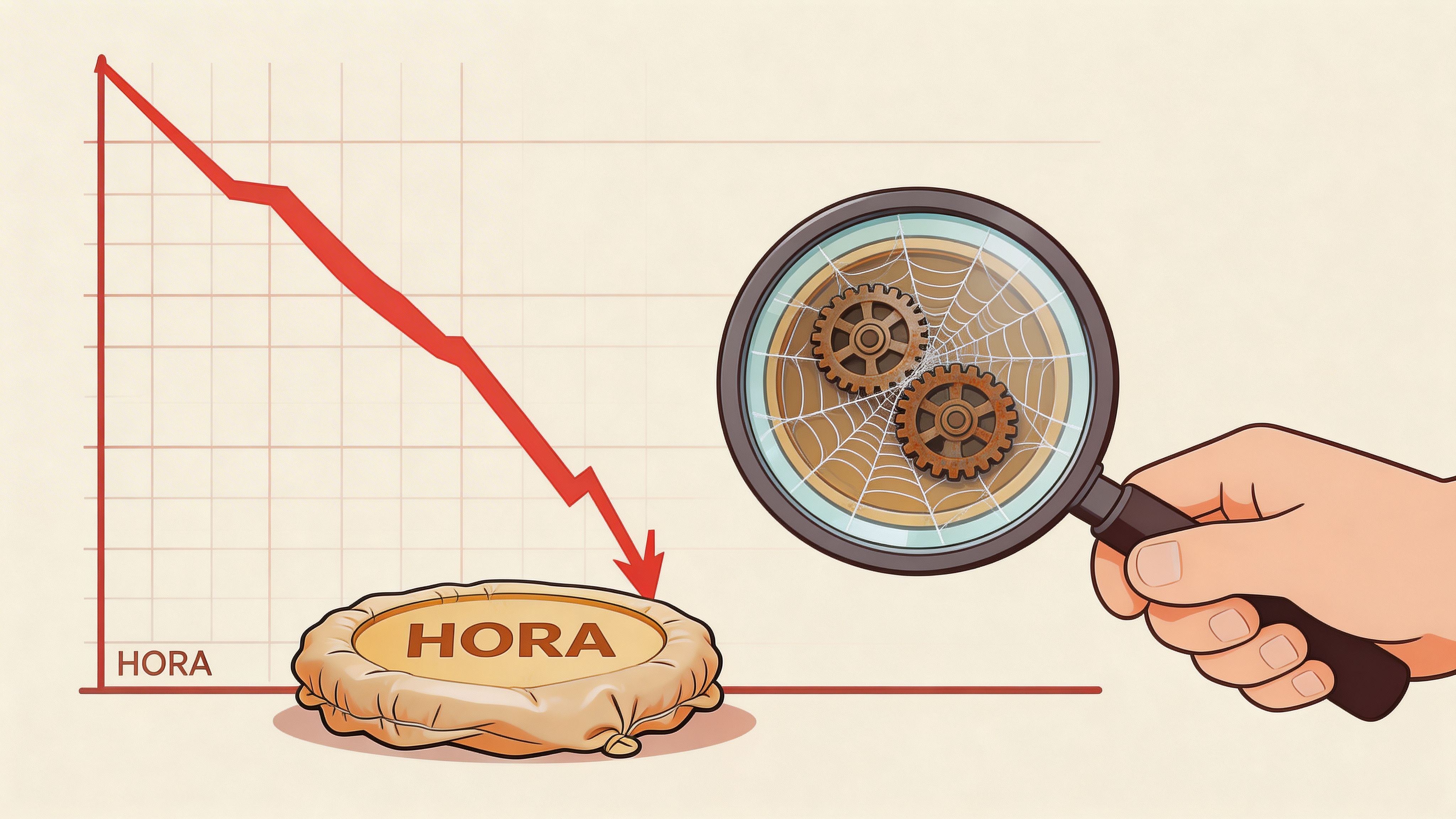 A hand holding a magnifying glass over a deflated balloon labeled HORA near a declining line graph.