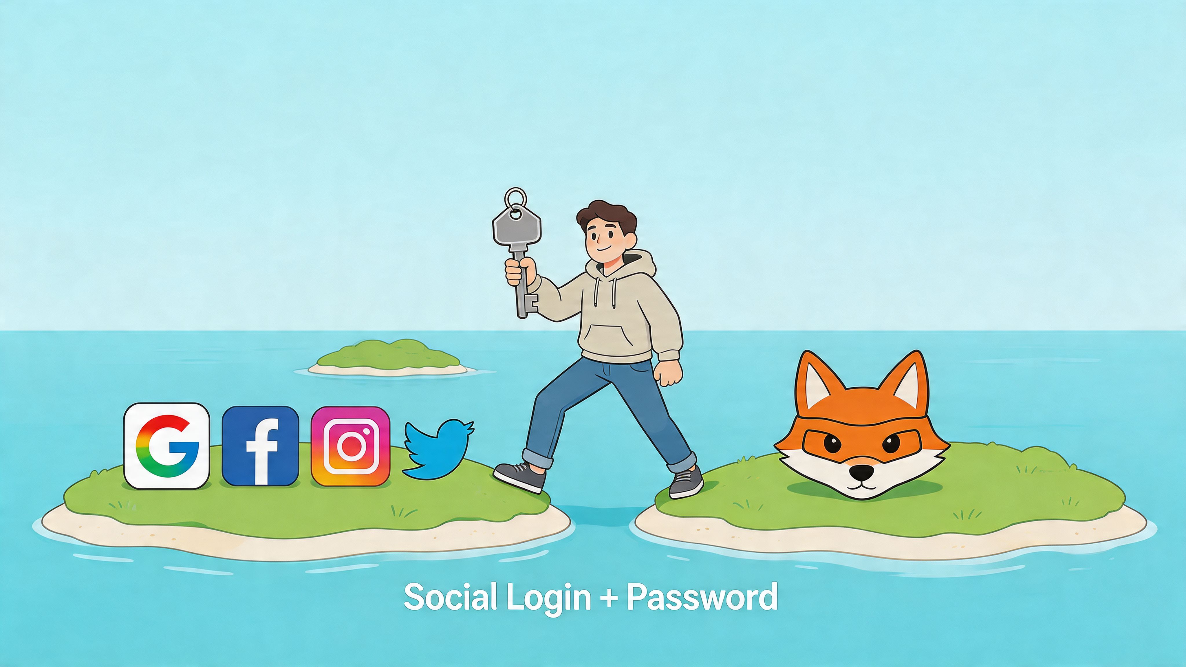 A cartoon man holding a key bridging the gap between social media login icons and the MetaMask logo.