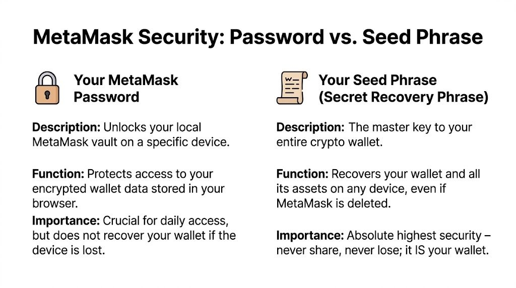 A comparison chart explaining the security differences between a MetaMask password and a secret recovery seed phrase.