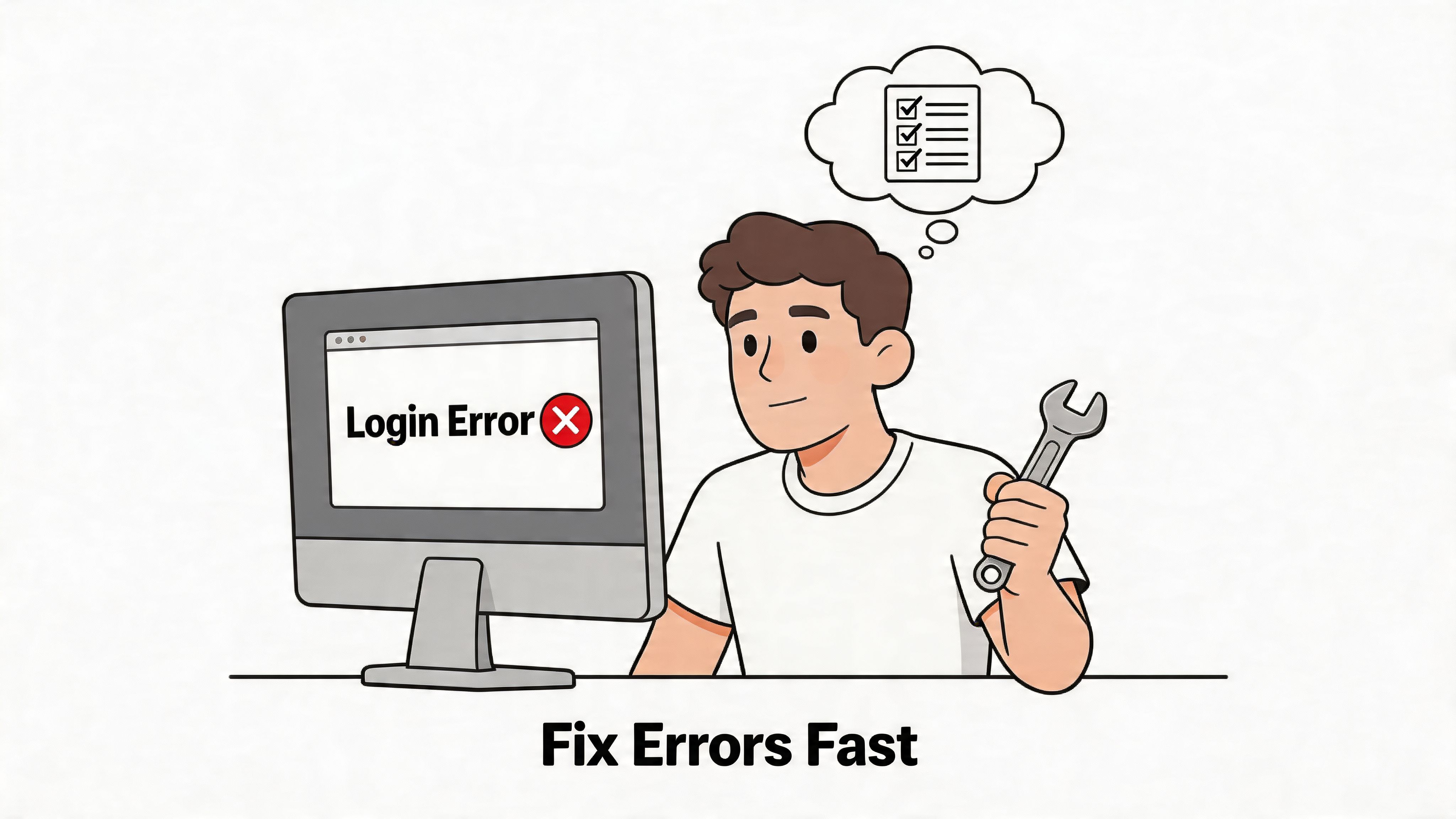 A cartoon man holding a wrench looking at a computer screen showing a login error message.