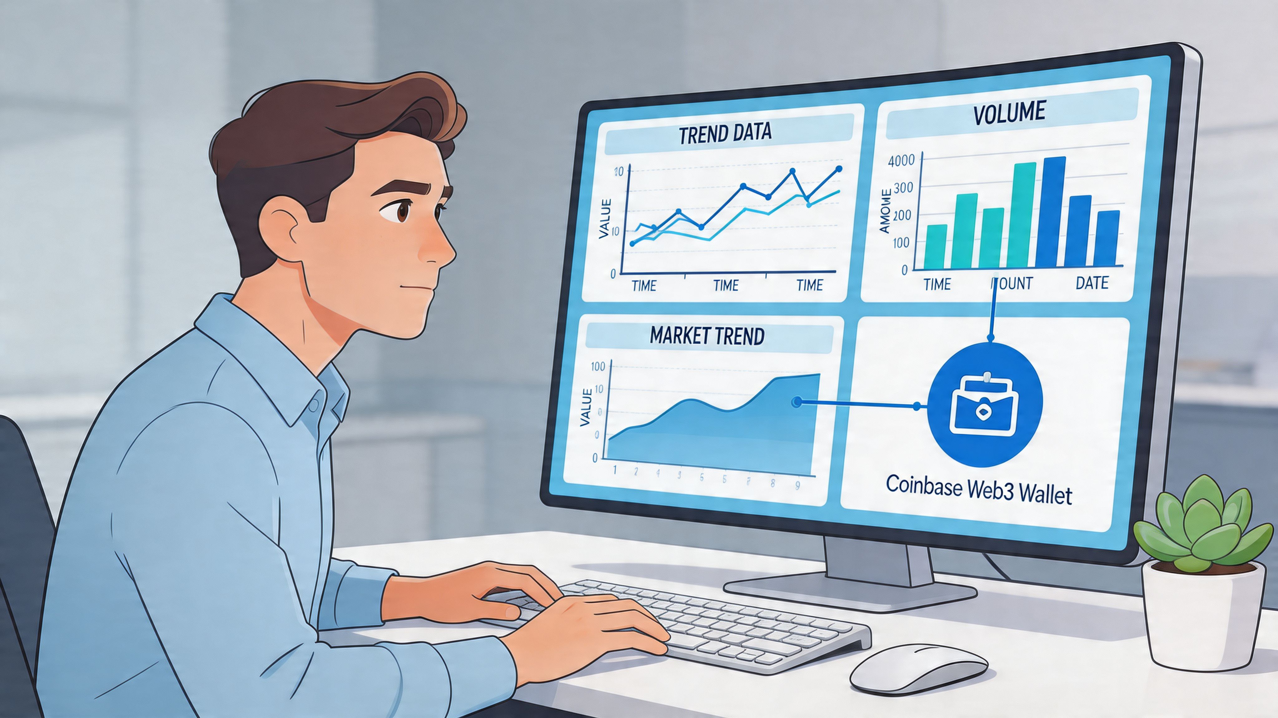 A man in a light blue shirt analyzing financial charts and cryptocurrency trends on a computer screen.