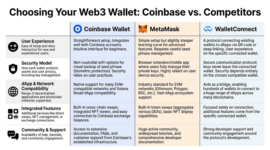 A comparison chart outlining the differences between Coinbase Wallet, MetaMask, and WalletConnect for Web3 navigation.