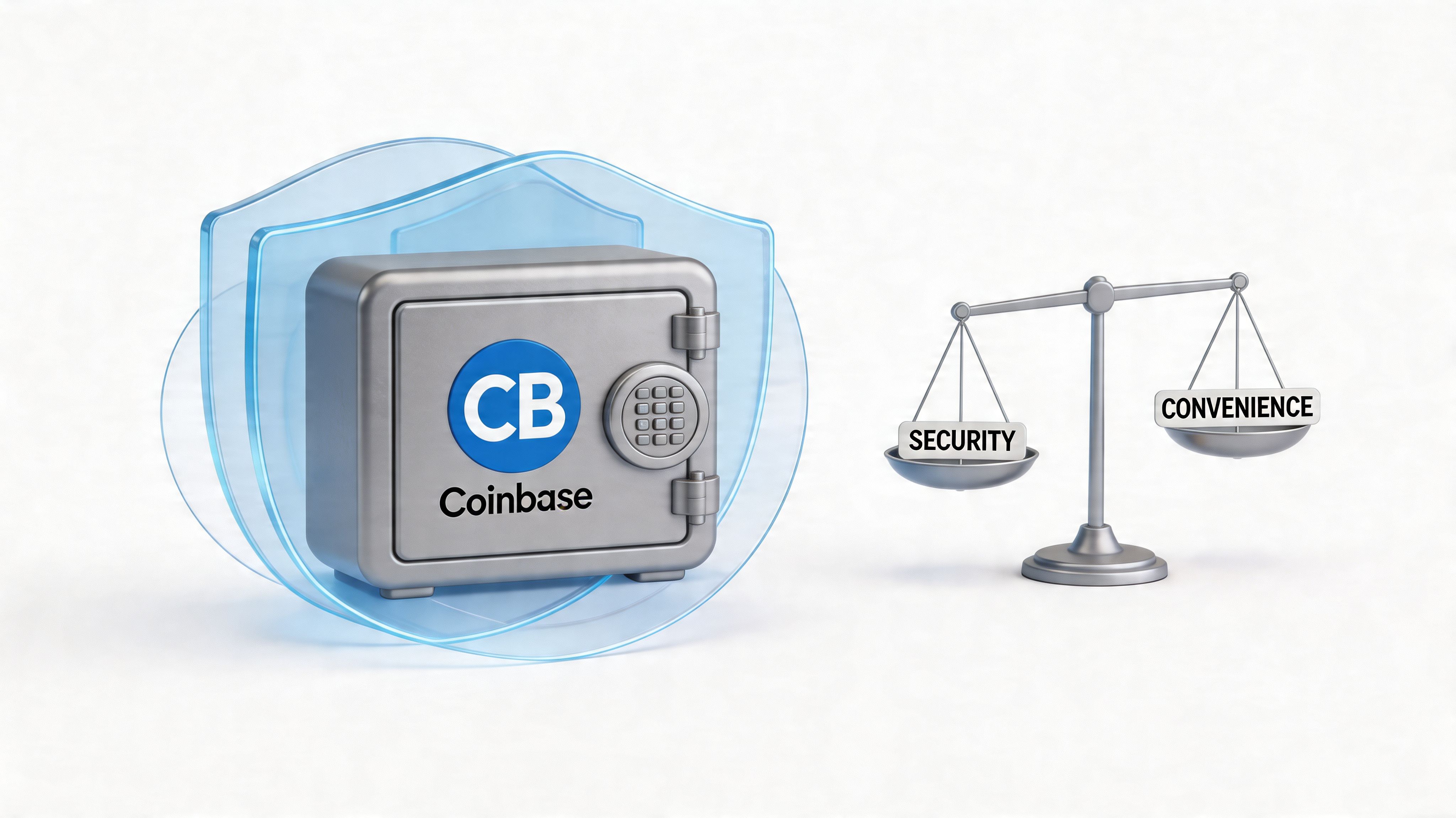 A 3D graphic showing a Coinbase vault logo shielded, with a balance scale weighing security versus convenience.