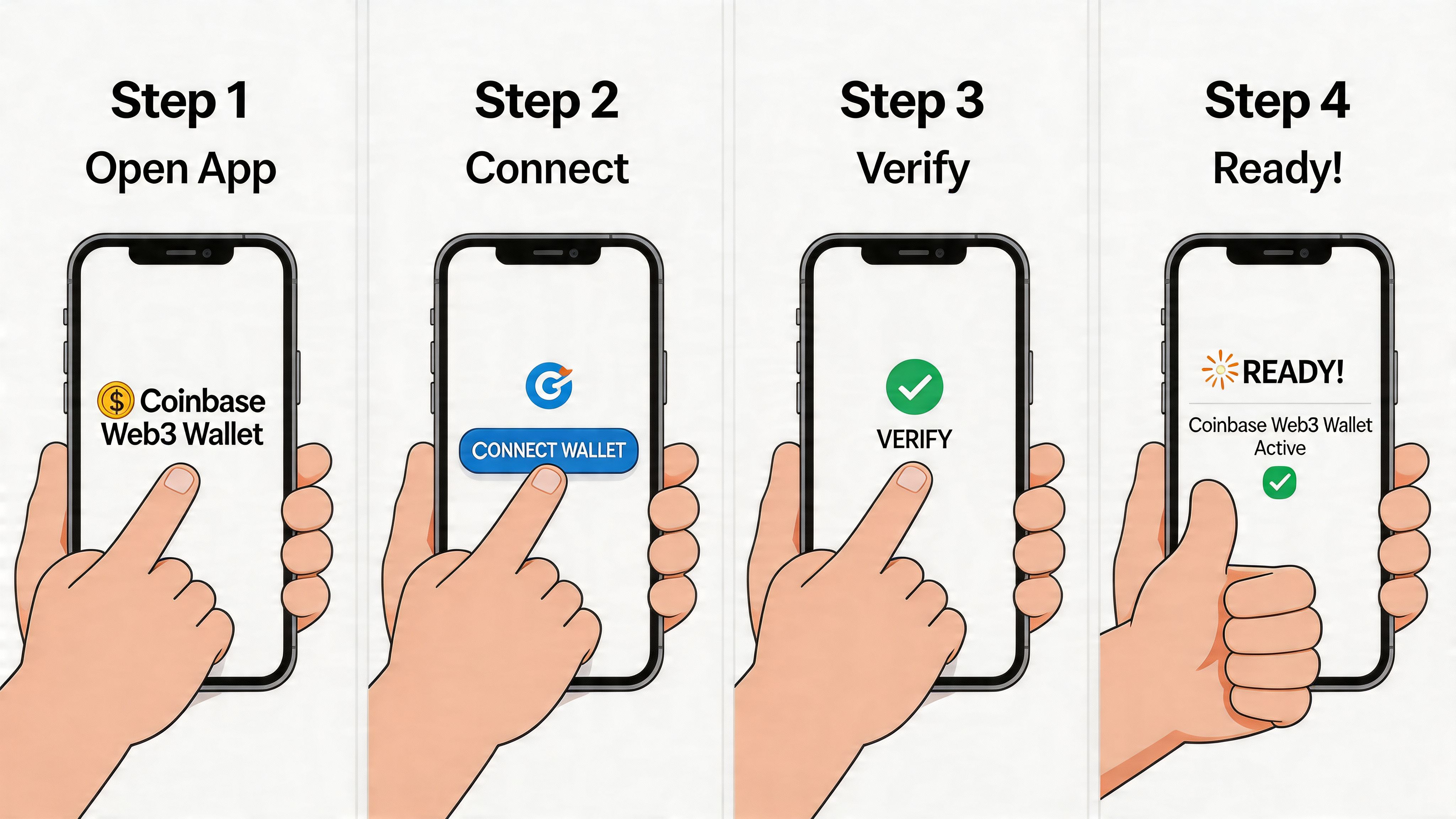 A four step illustrated guide demonstrating how to connect and activate the Coinbase Web3 wallet on smartphone.