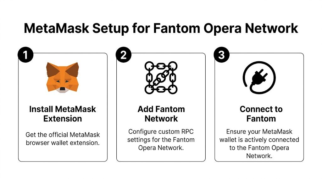 A three-step infographic showing instructions for setting up the Fantom Opera network on the MetaMask wallet.