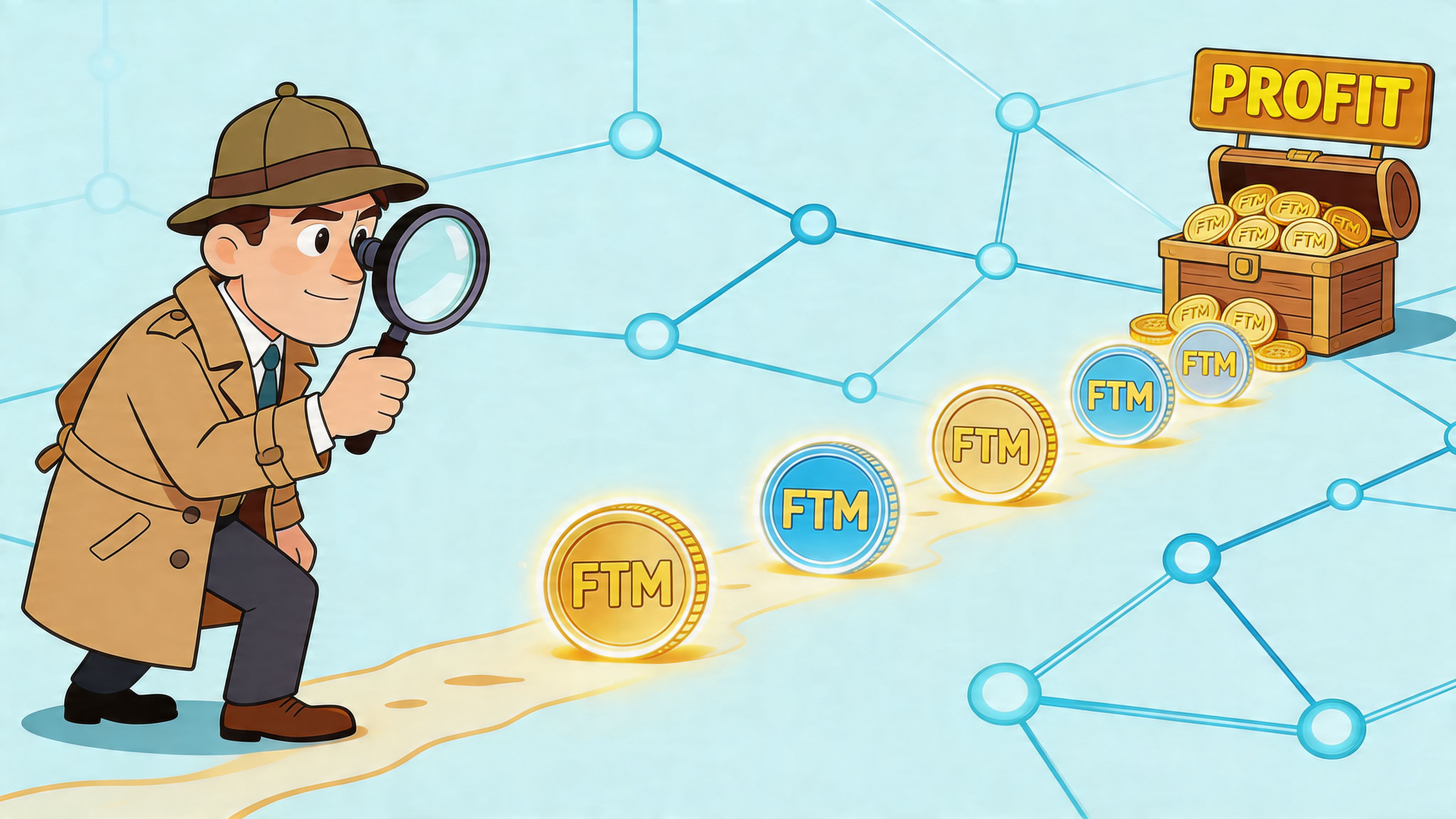 A cartoon detective uses a magnifying glass to investigate a trail of Fantom cryptocurrency coins leading to profit.