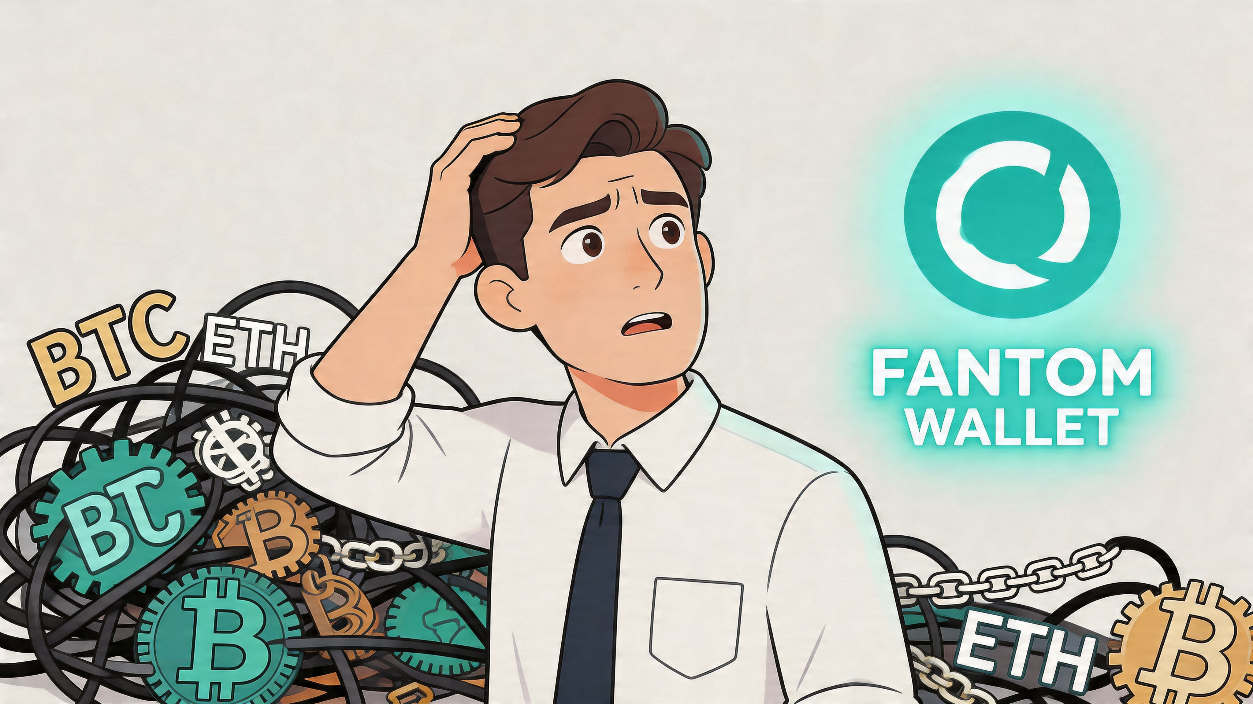 A cartoon man in a shirt and tie looks confused at a messy pile of crypto symbols