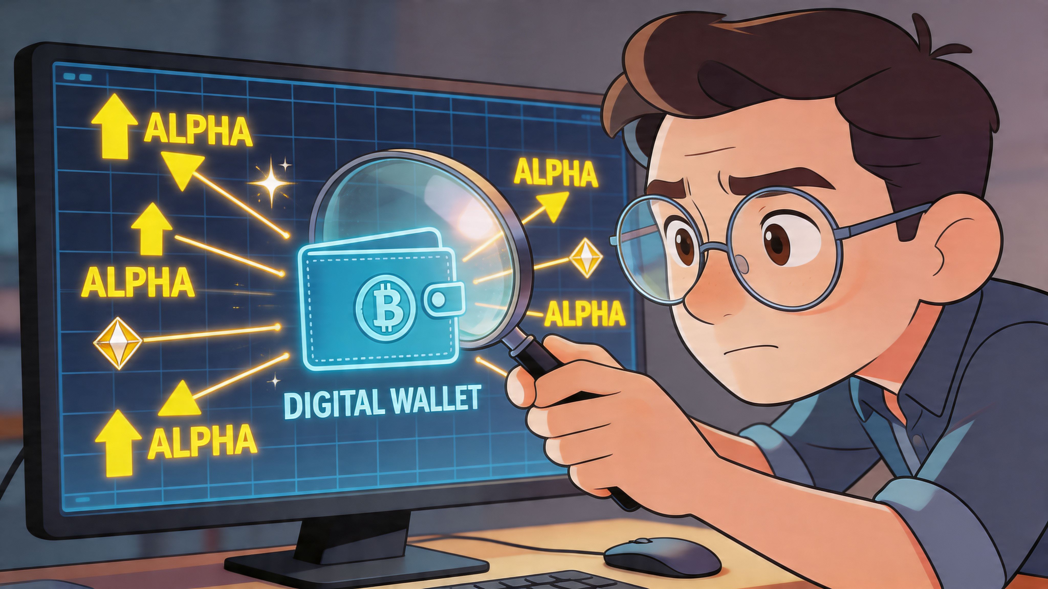 A cartoon man in glasses uses a magnifying glass to examine a glowing digital crypto wallet on a monitor.