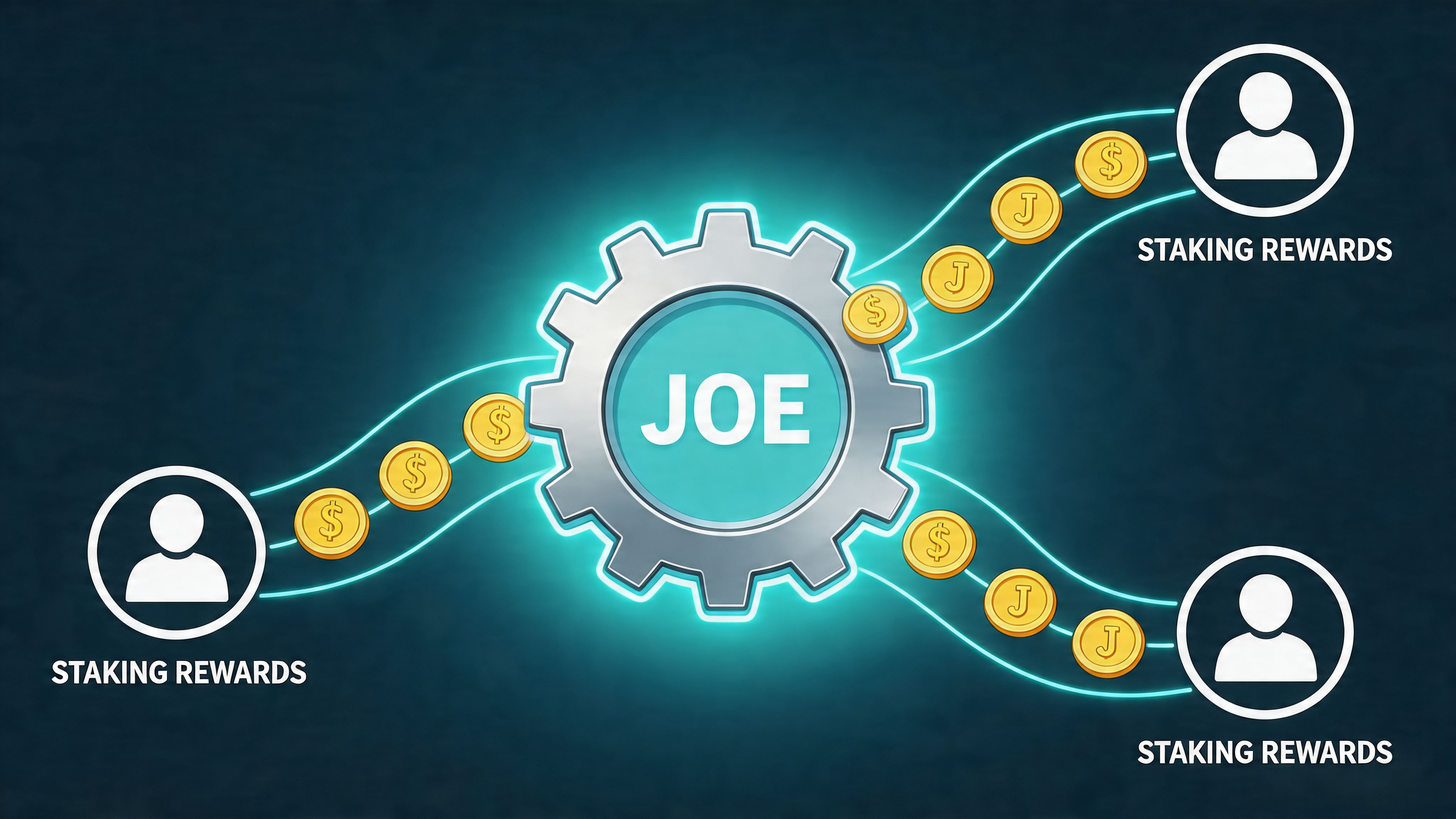 A digital graphic showing coins flowing through a central gear labeled JOE toward staking reward icons.