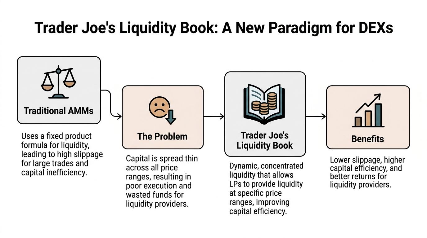 A diagram explaining how Trader Joe's Liquidity Book improves upon traditional AMMs for decentralized exchanges.