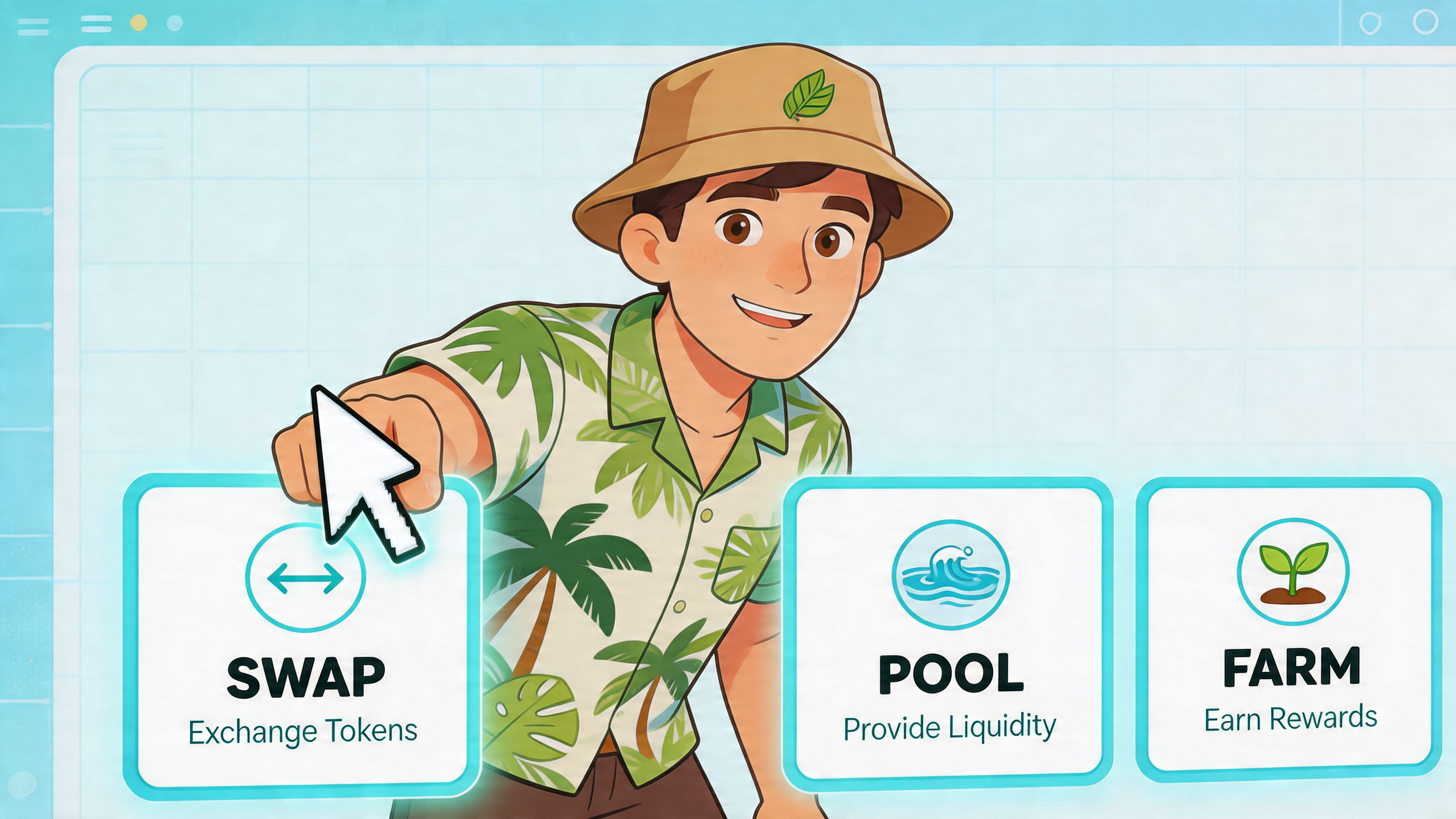 An animated mascot pointing at the Swap option on a DeFi platform interface featuring Pool and Farm.