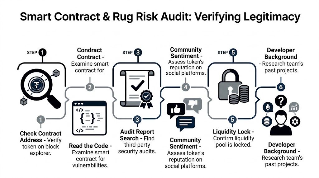 A six-step guide infographic for verifying the legitimacy of a crypto token to avoid rug pulls.
