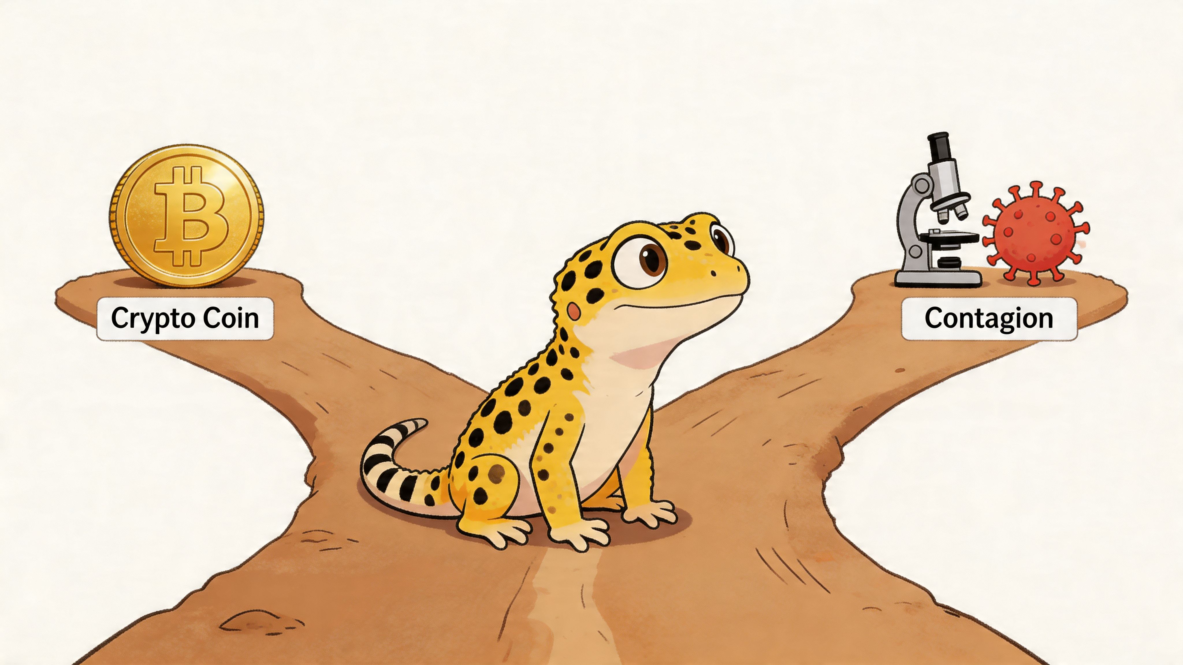 A cute leopard gecko sitting at a fork in the road between a bitcoin and a microscope.
