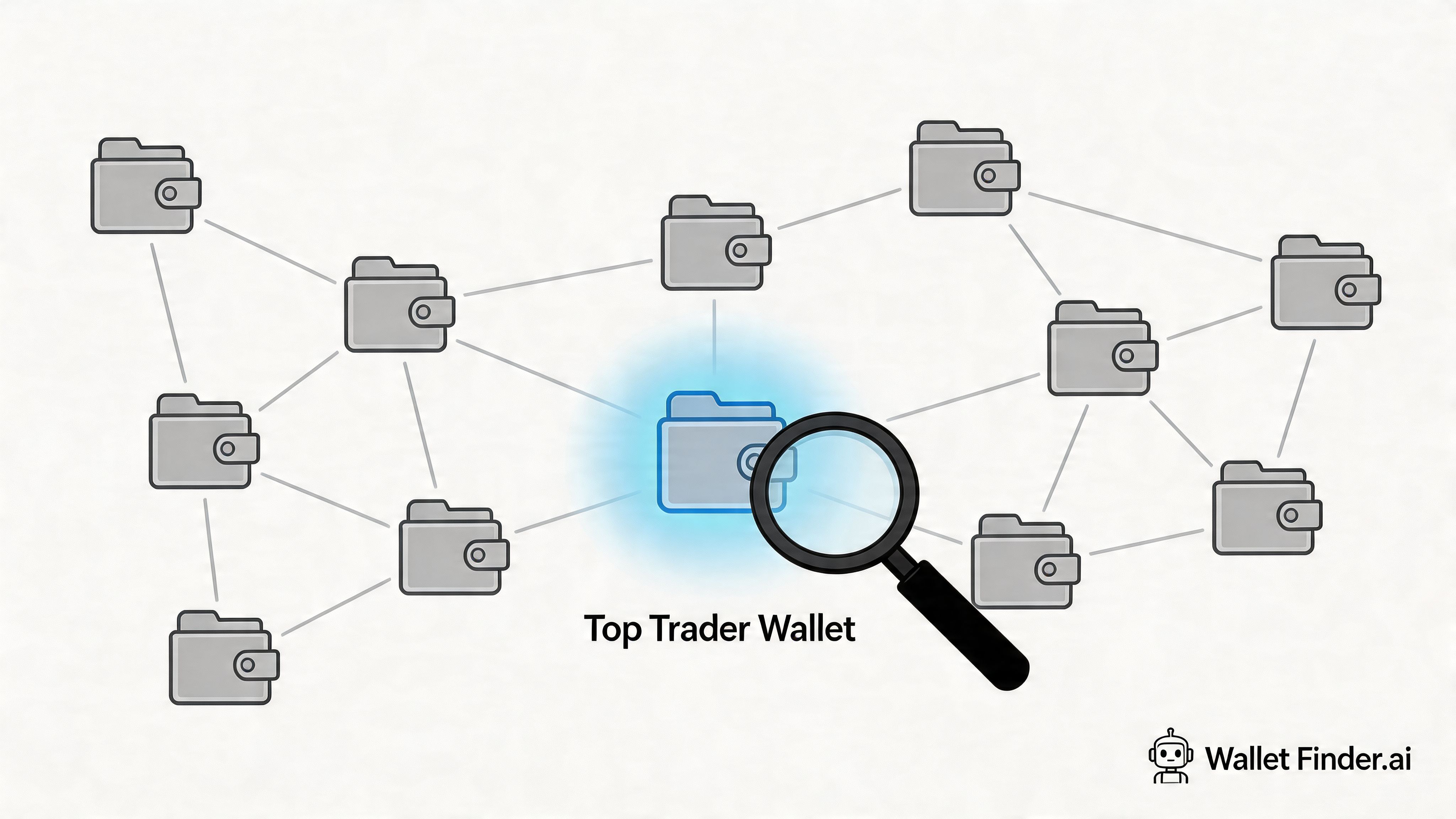 A digital diagram showing a connected network of crypto wallets with a magnifying glass over one highlighted wallet.