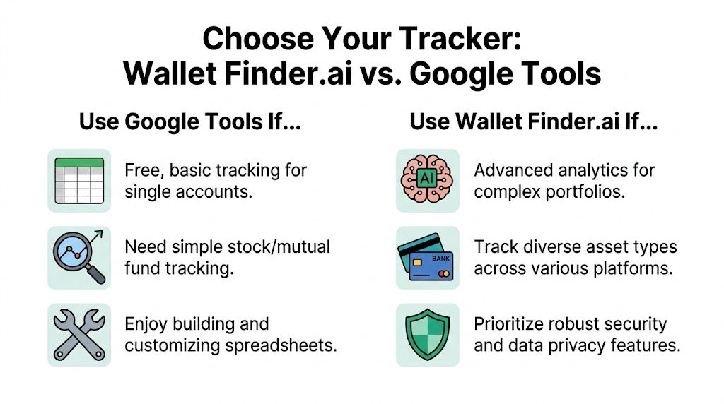 A comparison chart showing when to use Google Tools versus Wallet Finder.ai for financial portfolio tracking.
