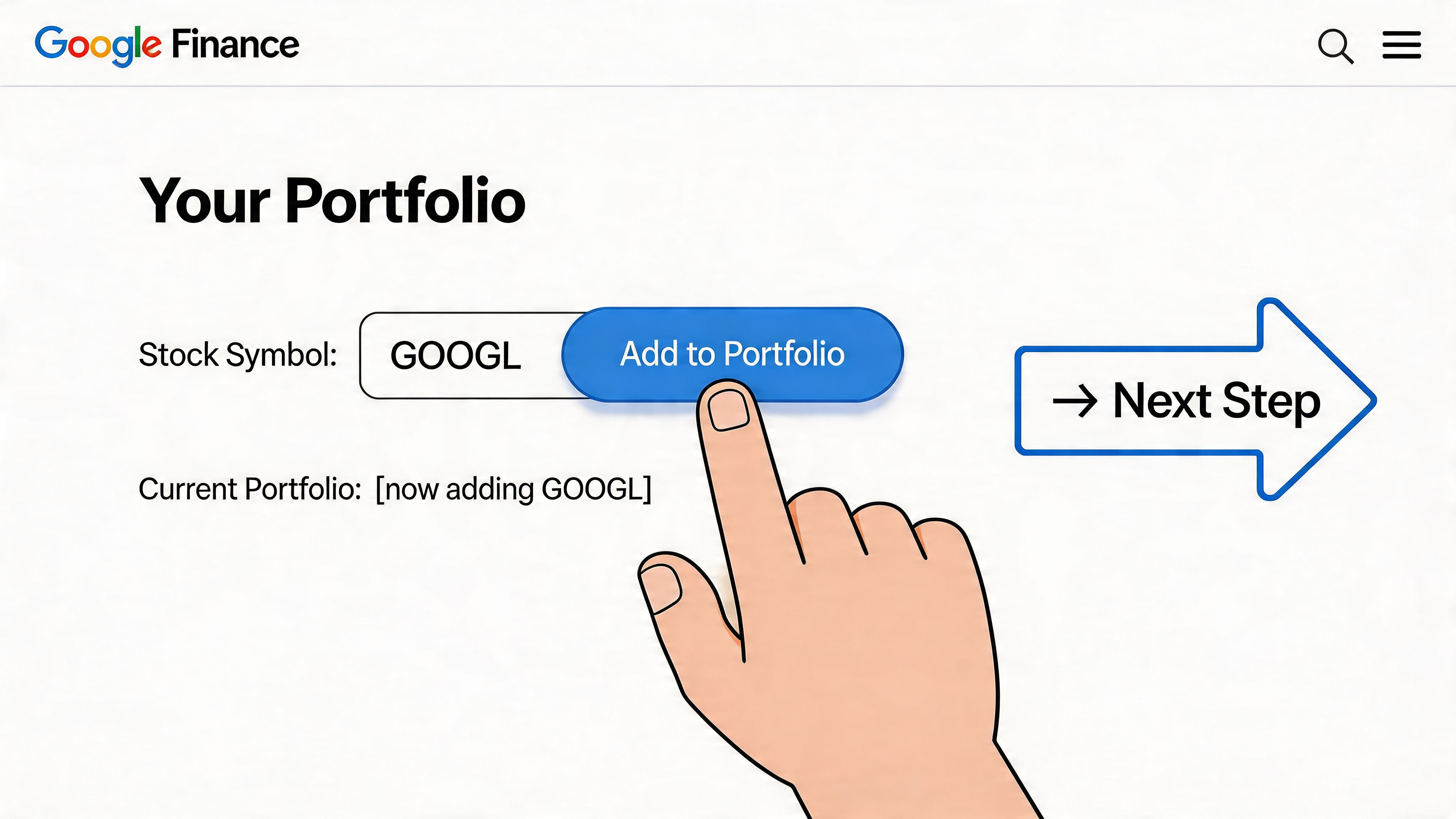 A hand selecting the add to portfolio button for GOOGL stock on the Google Finance interface.