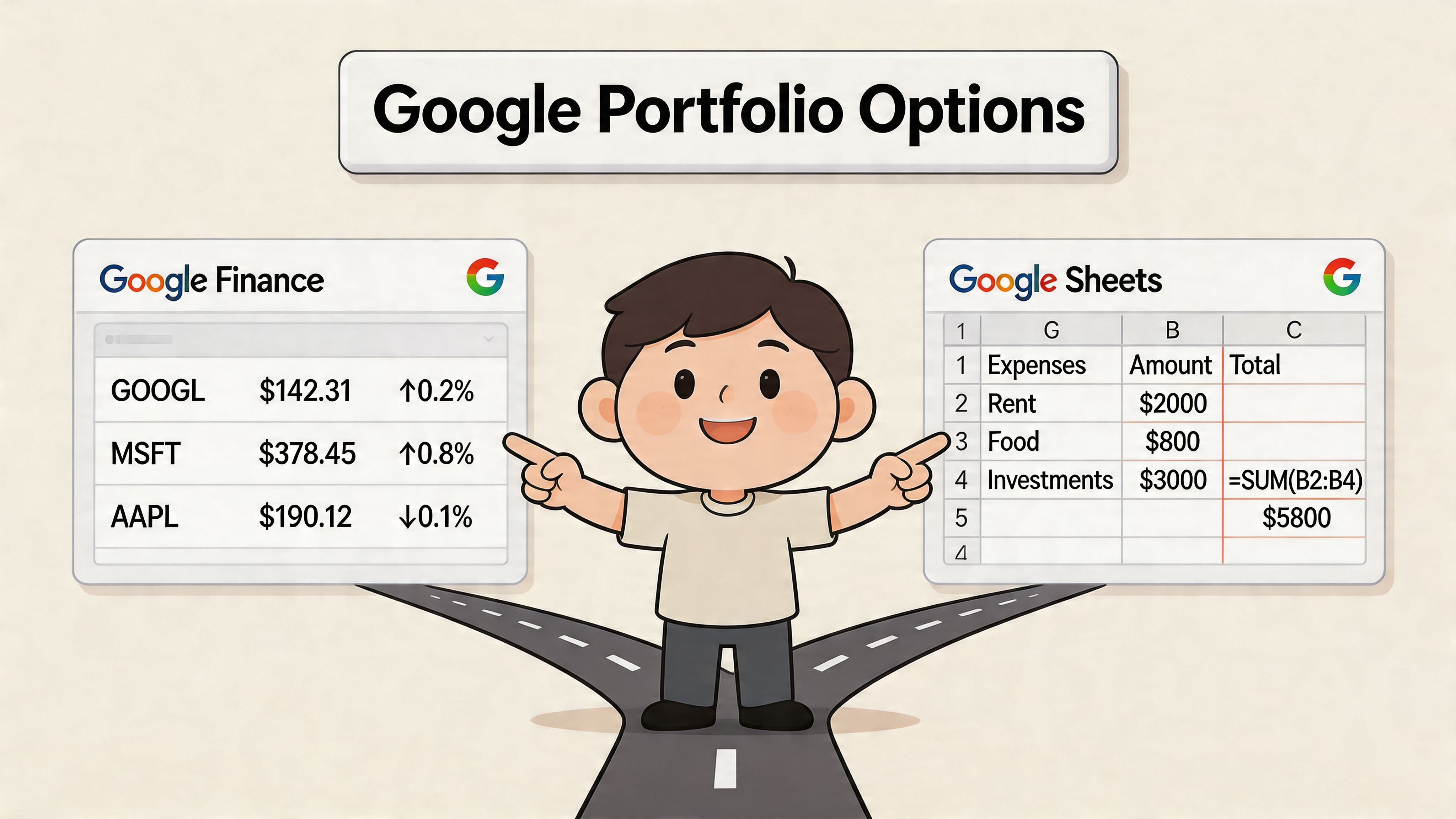 A cartoon illustration showing a person choosing between Google Finance for stock data and Google Sheets.