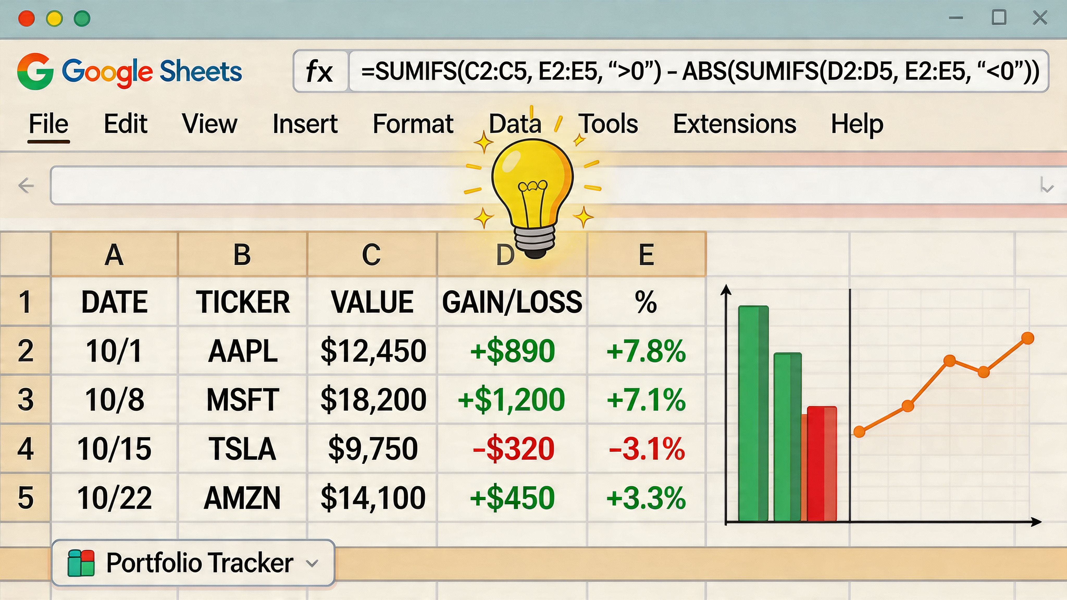 A digital Google Sheets interface showing a portfolio tracker with stock ticker symbols, values, and performance data.