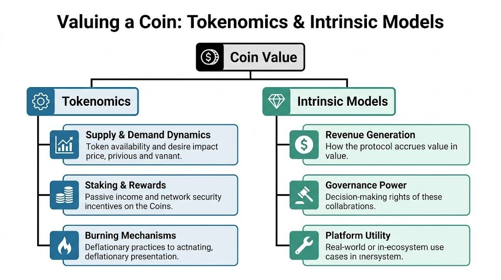 A diagram illustrating the factors determining coin value through tokenomics and intrinsic valuation models.