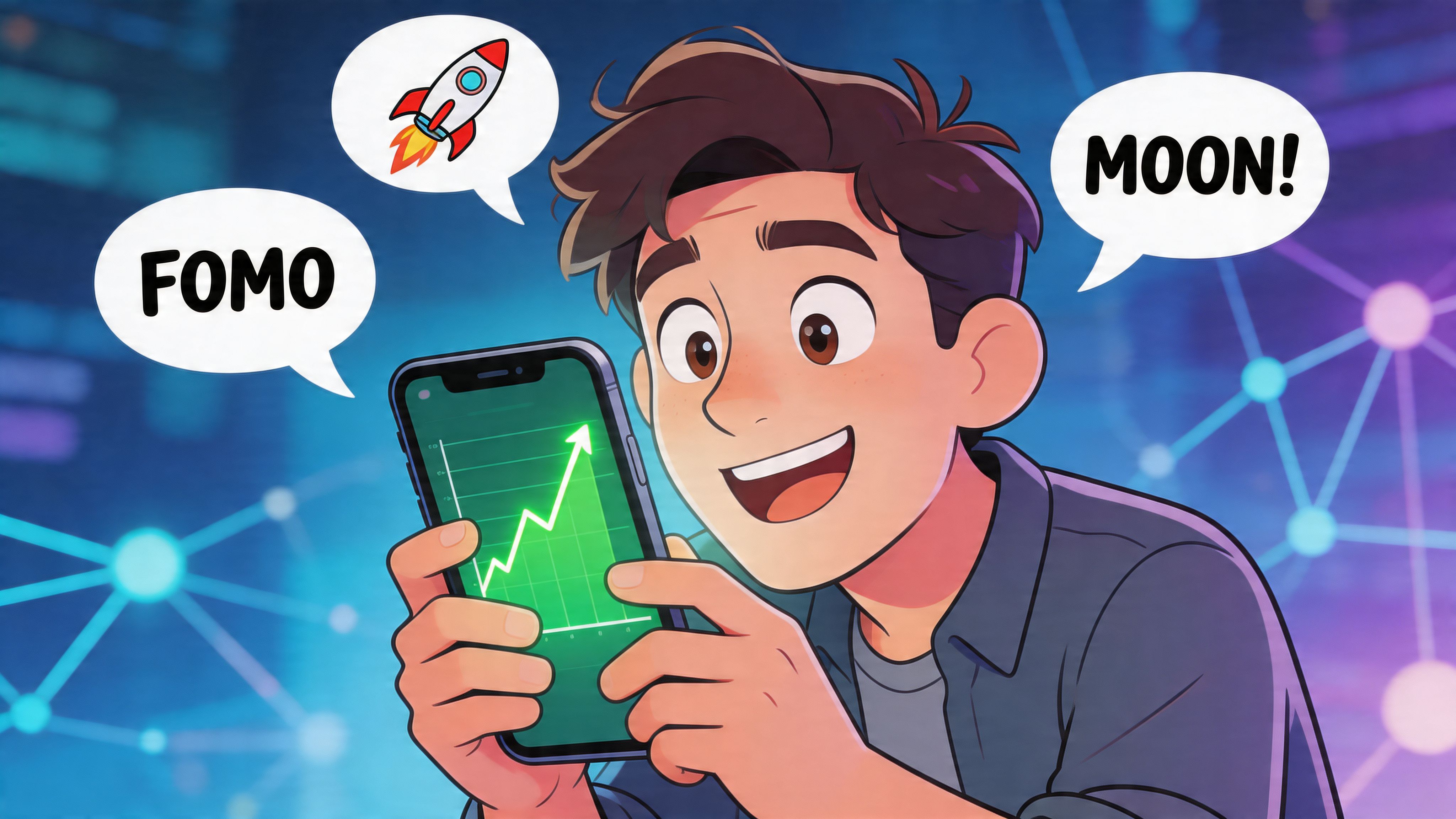 A happy young man looking at a smartphone showing an upward trend line graph with crypto buzzwords.