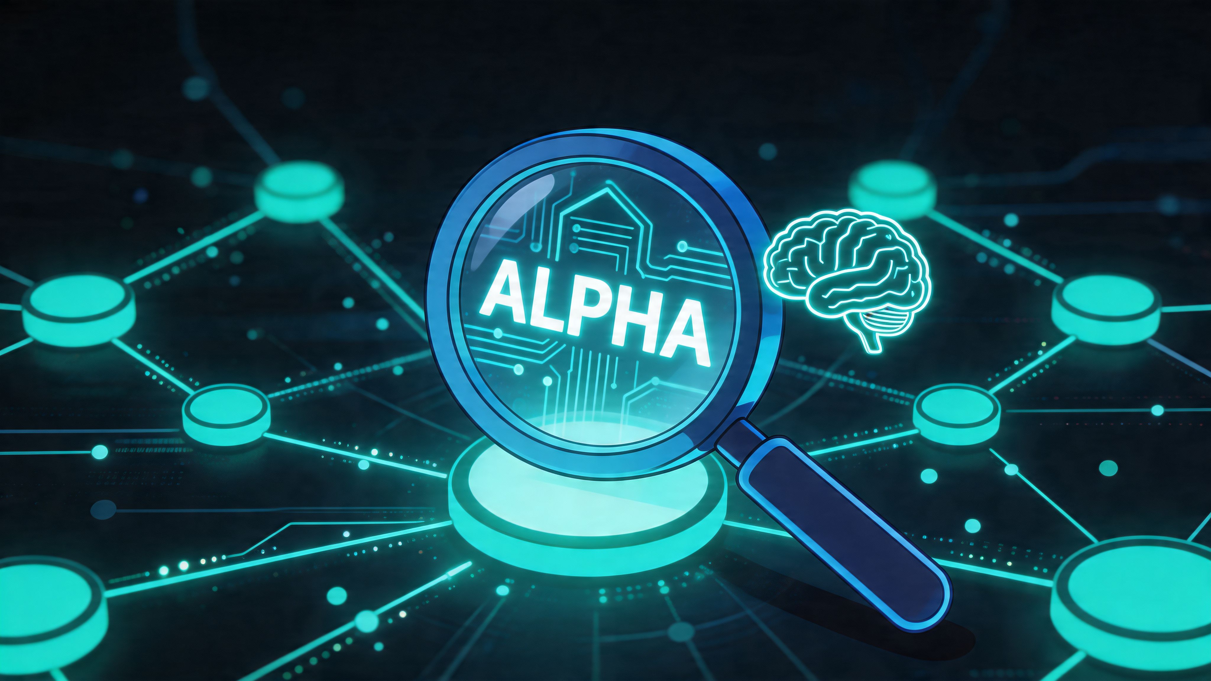 A magnifying glass focusing on the word Alpha above a digital brain icon on a connected network.
