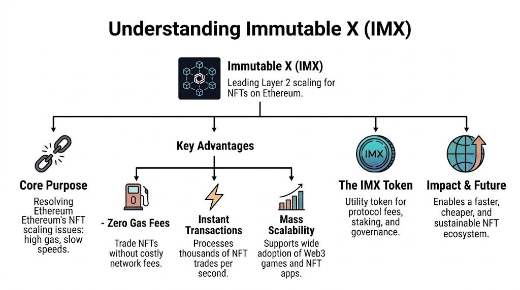 A diagram explaining Immutable X as a Layer 2 scaling solution for NFTs on the Ethereum blockchain.
