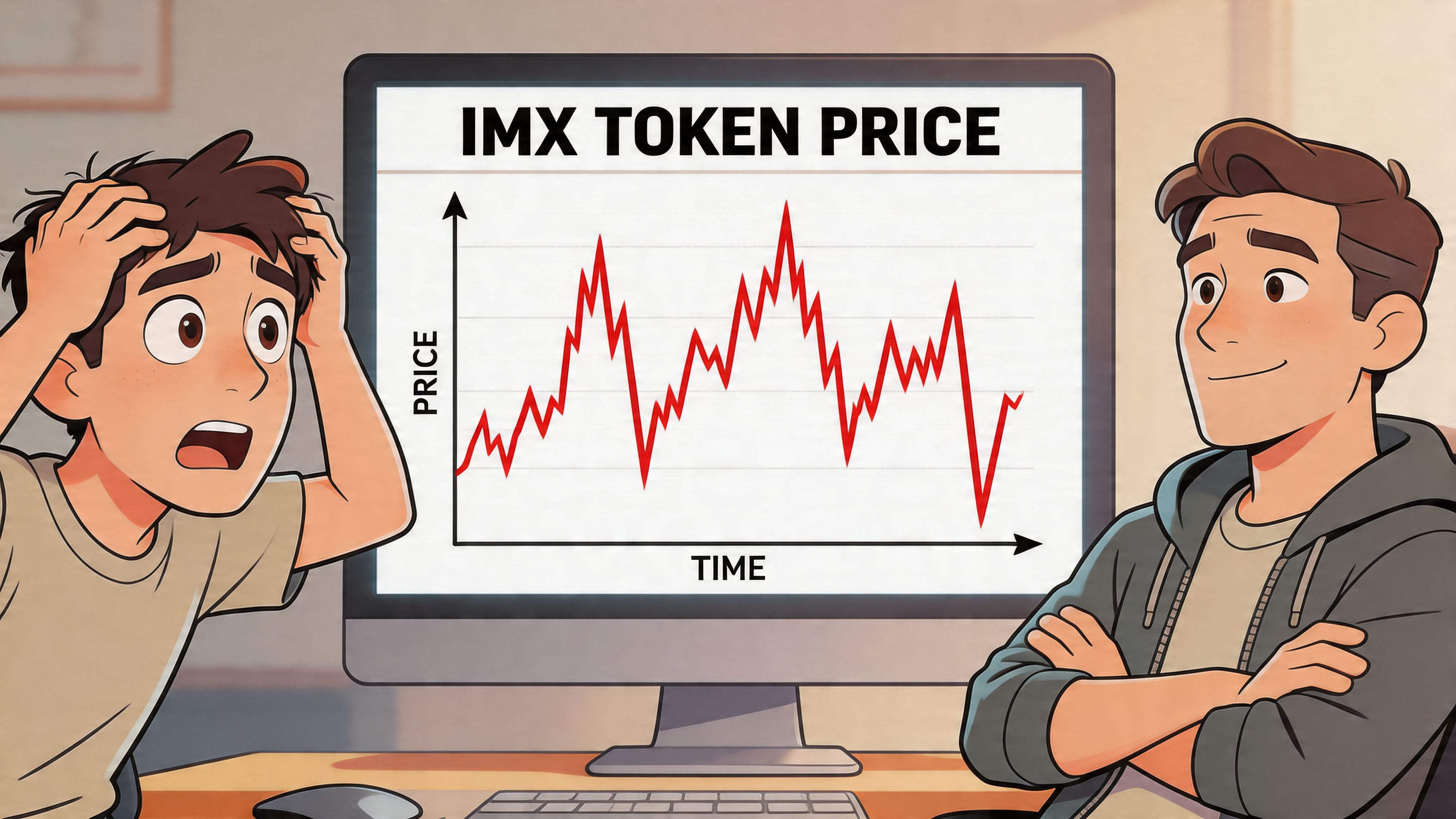 Two people looking at a computer monitor displaying a volatile IMX token price line graph.