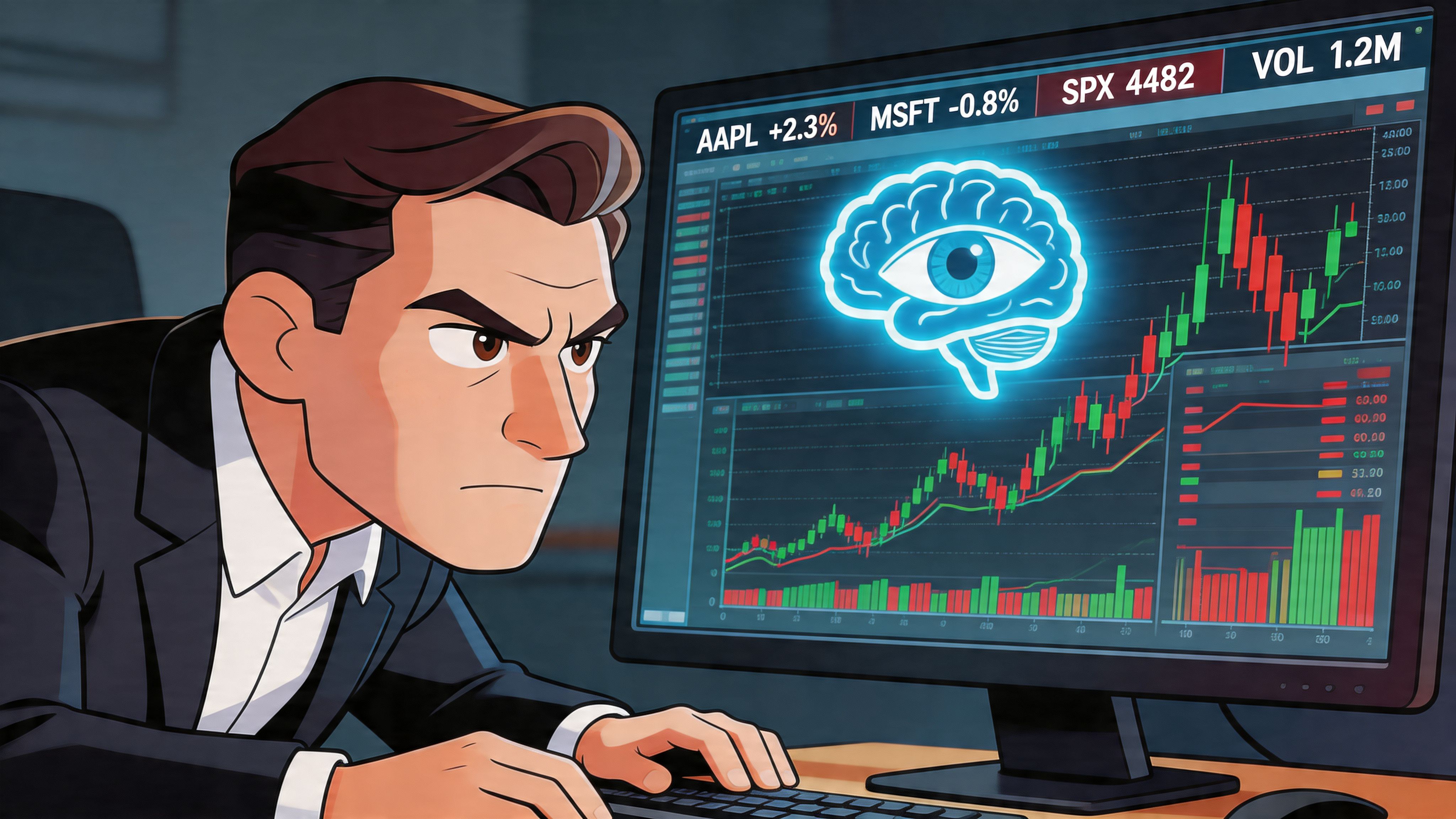 A focused businessman monitoring financial stock market charts and data on a computer screen.