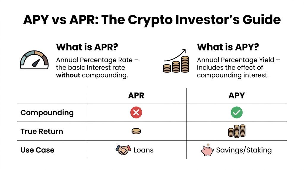 A comparison chart explaining the differences between APR and APY for crypto investors with icons.