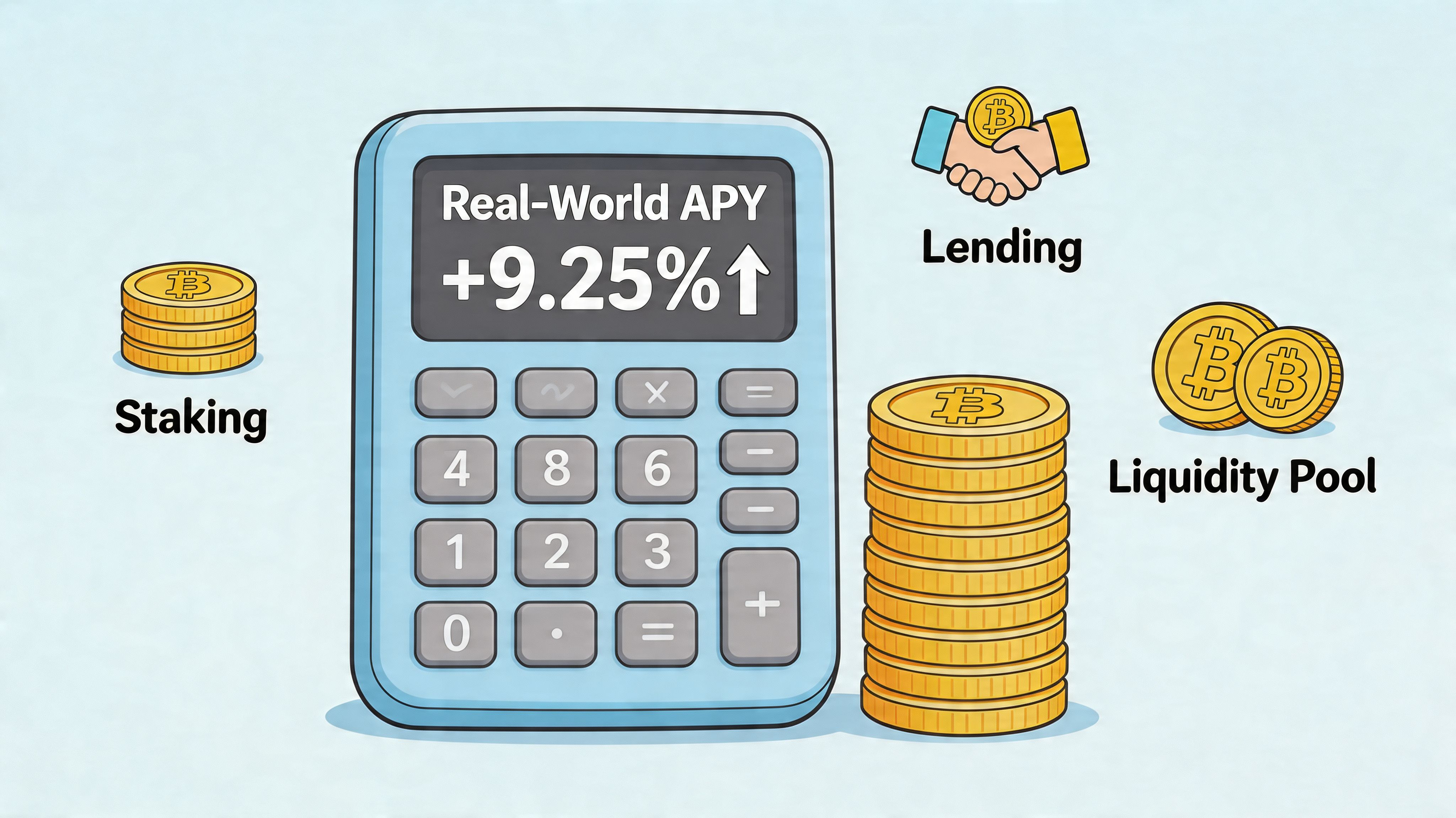 A digital calculator displaying a 9.25% APY surrounded by Bitcoin icons representing staking, lending, and liquidity pools.