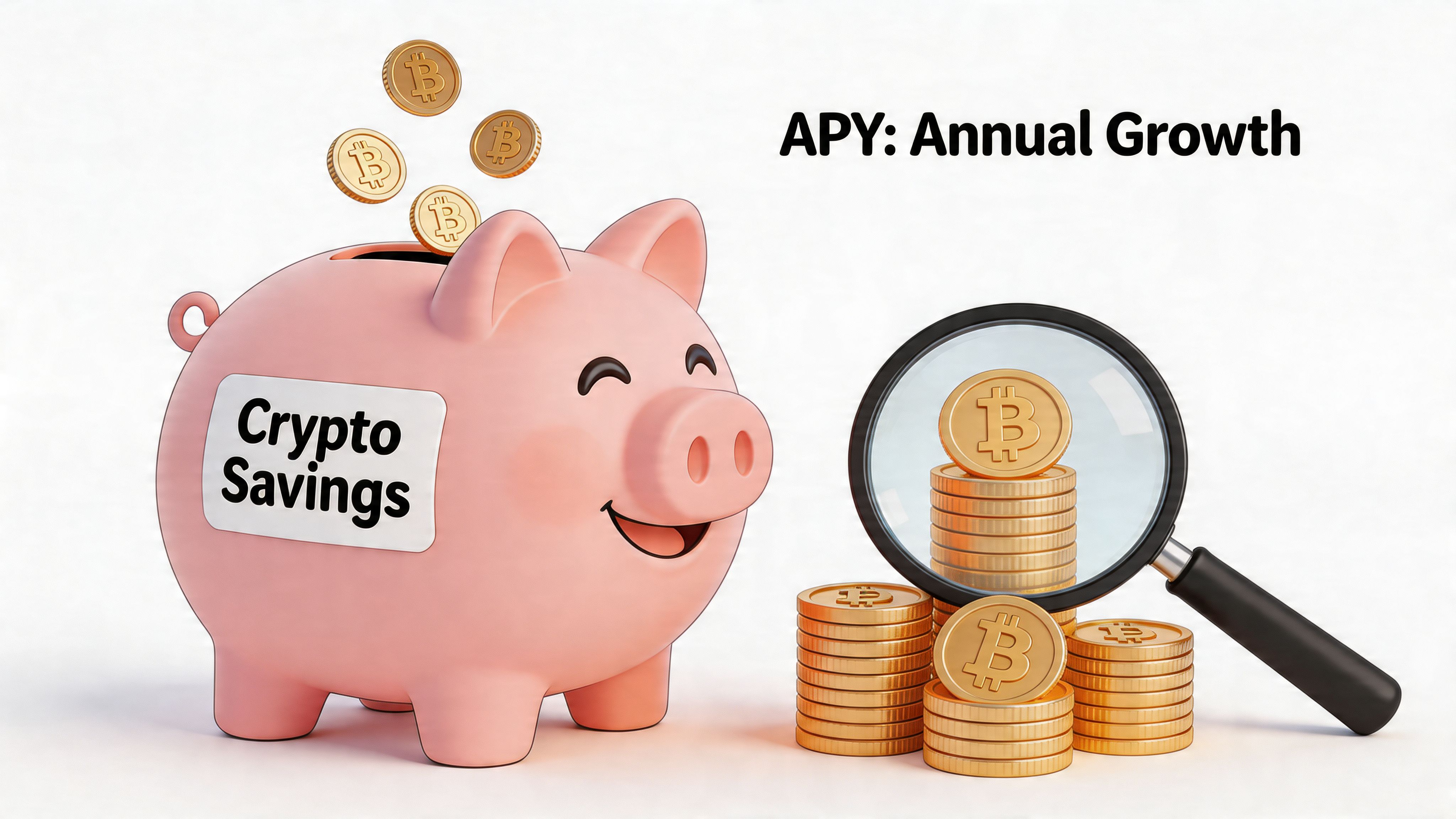A pink piggy bank labeled Crypto Savings with gold Bitcoin coins being deposited and examined under a magnifying glass.