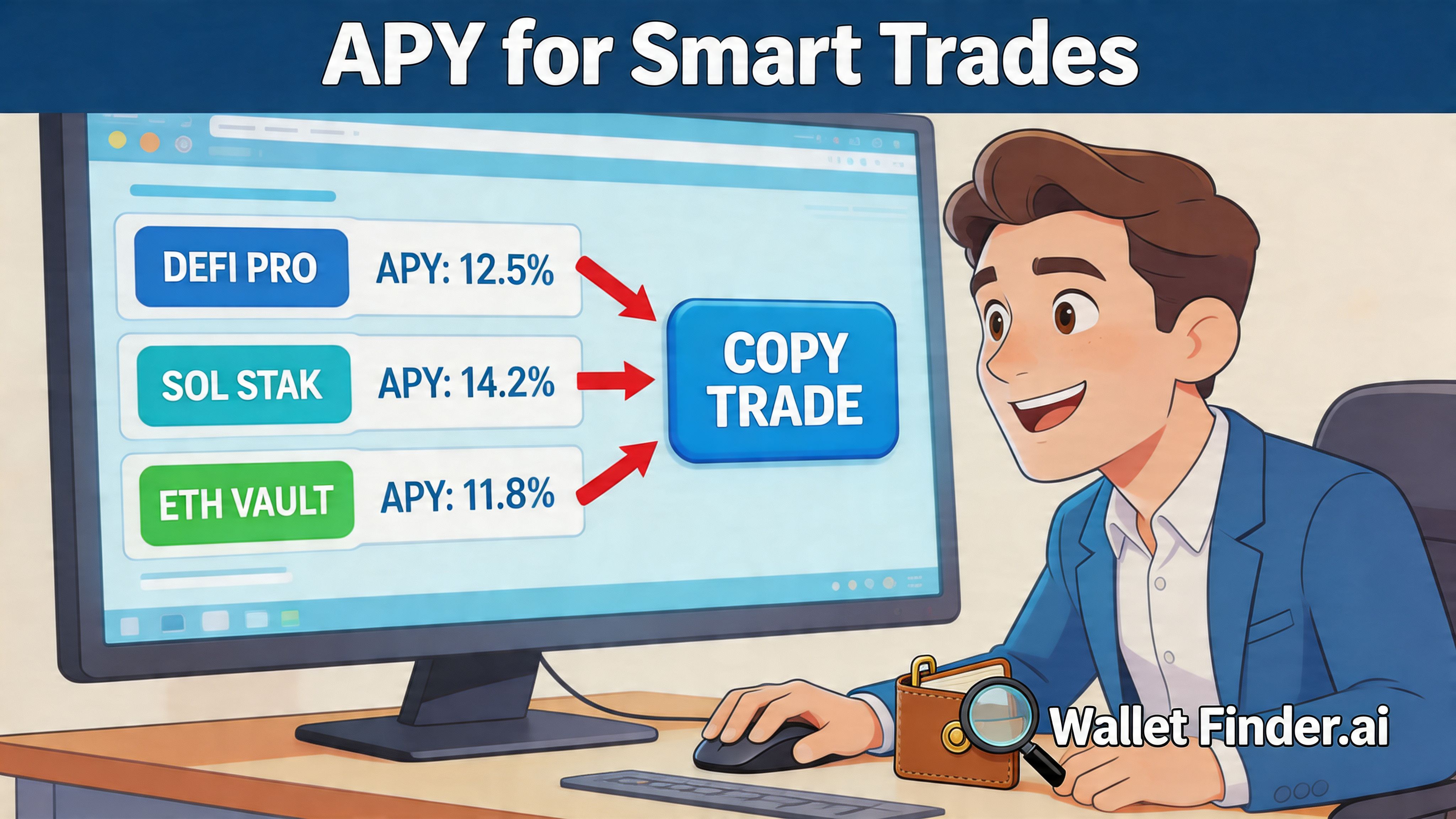 A cartoon man viewing cryptocurrency investment options and copy trading services on his computer monitor.