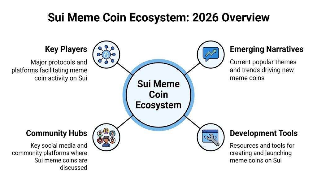 A diagram illustrating the components of the Sui meme coin ecosystem including key players and community hubs.