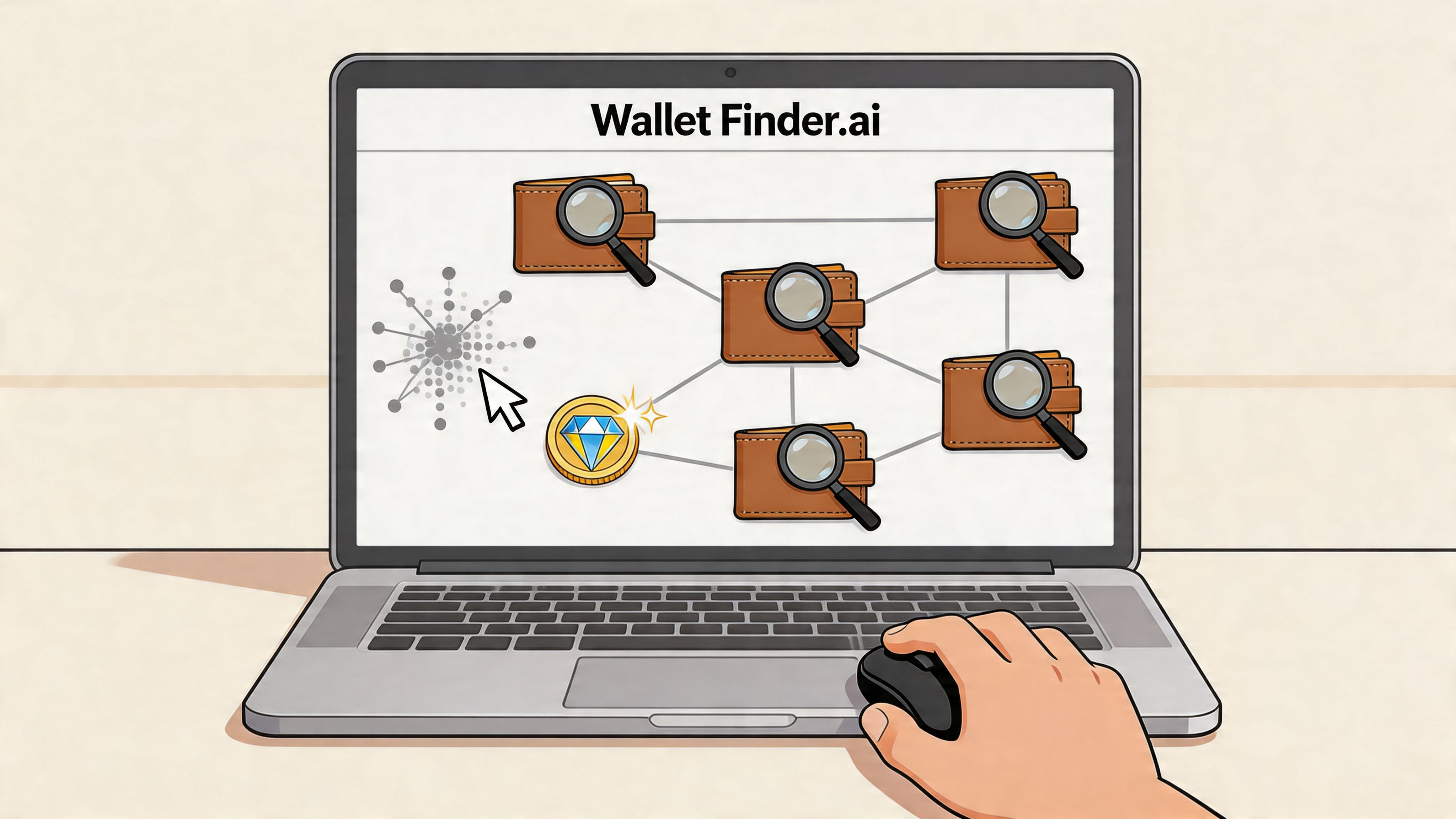 A digital illustration showing a laptop screen displaying a Wallet Finder AI interface with connected wallets and a diamond coin.