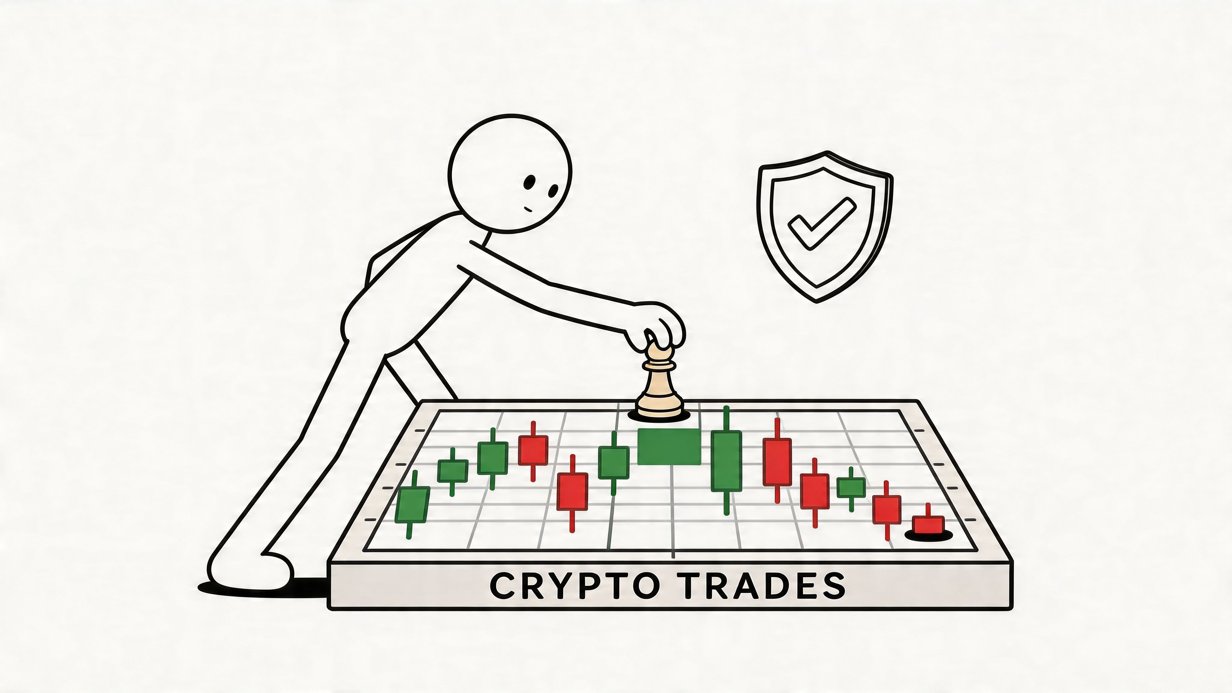 A stick figure playing a chess piece on a financial chart board labeled crypto trades with a shield icon.