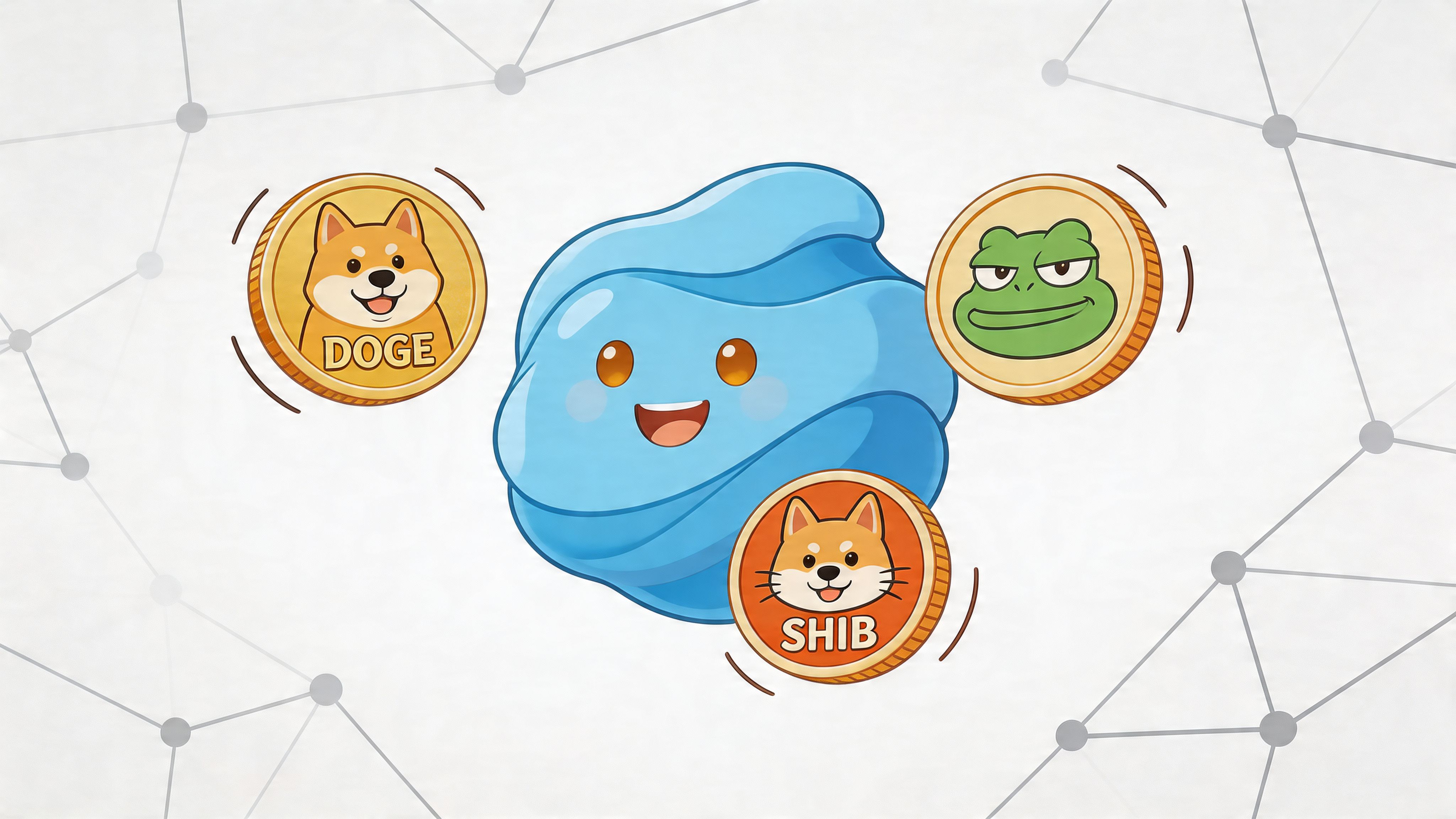 A cute blue mascot character surrounded by floating golden cryptocurrency coins featuring doge, shib, and frog memes.