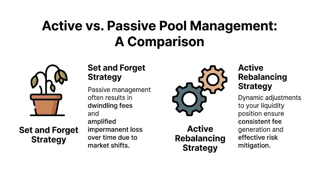 A comparative infographic illustrating the differences between set and forget passive pool management and active rebalancing strategy.