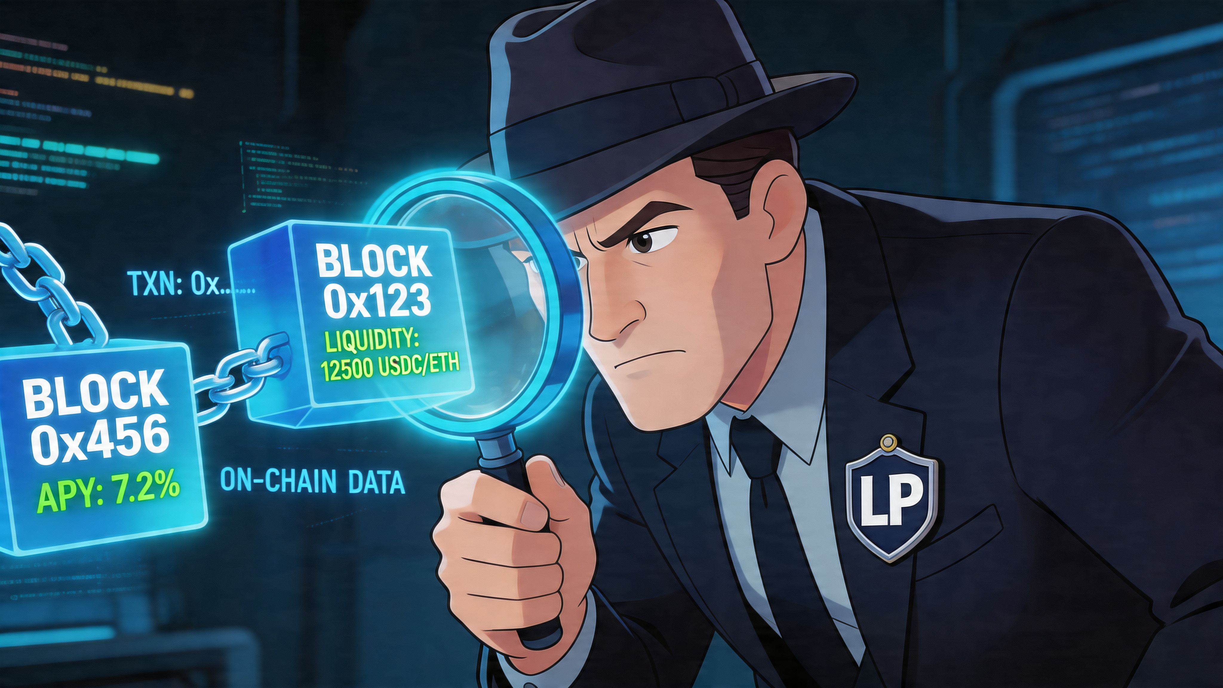 A detective examines blockchain data blocks displaying liquidity and APY information using a magnifying glass.