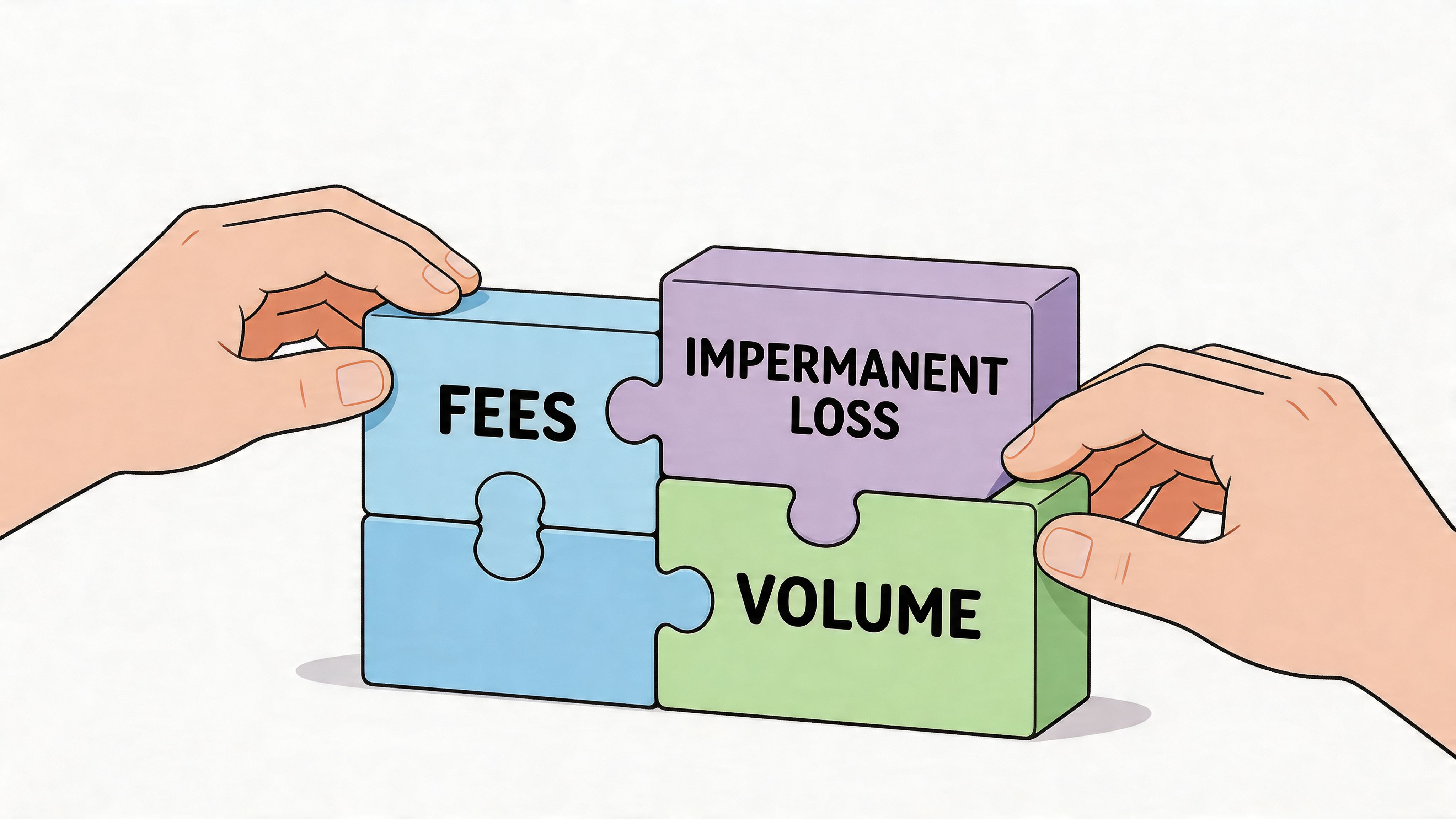 A digital illustration showing hands fitting together puzzle pieces labeled fees, impermanent loss, and volume.