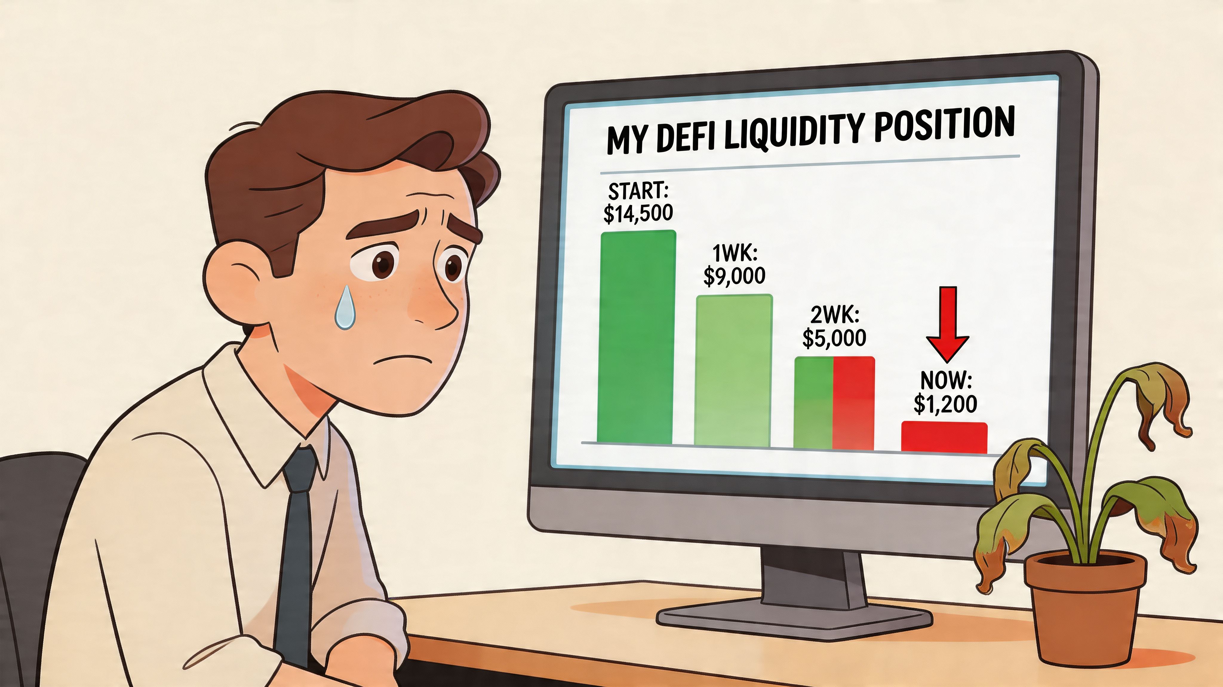 A distressed office worker looking at a computer screen showing a declining DeFi liquidity position graph.