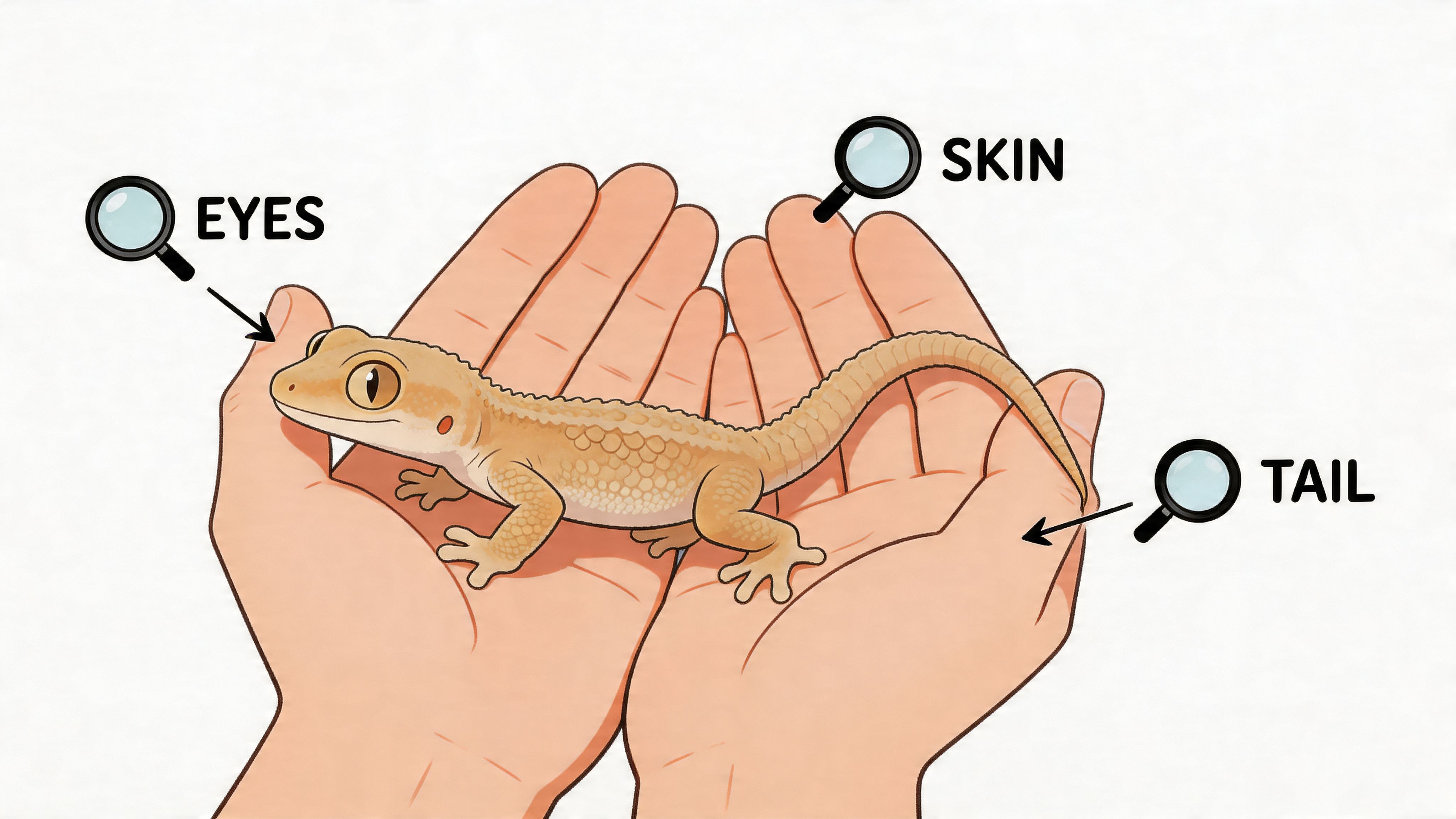 A gentle pair of hands holding a small, textured beige gecko with large alert eyes.