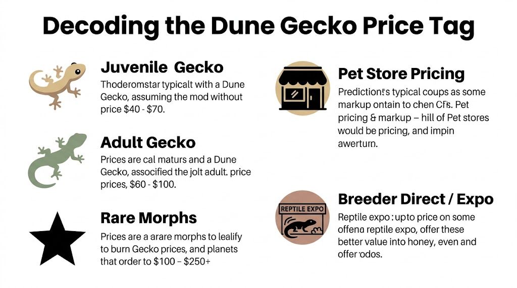 An infographic titled Decoding the Dune Gecko Price Tag showing price ranges for different lizard life stages.