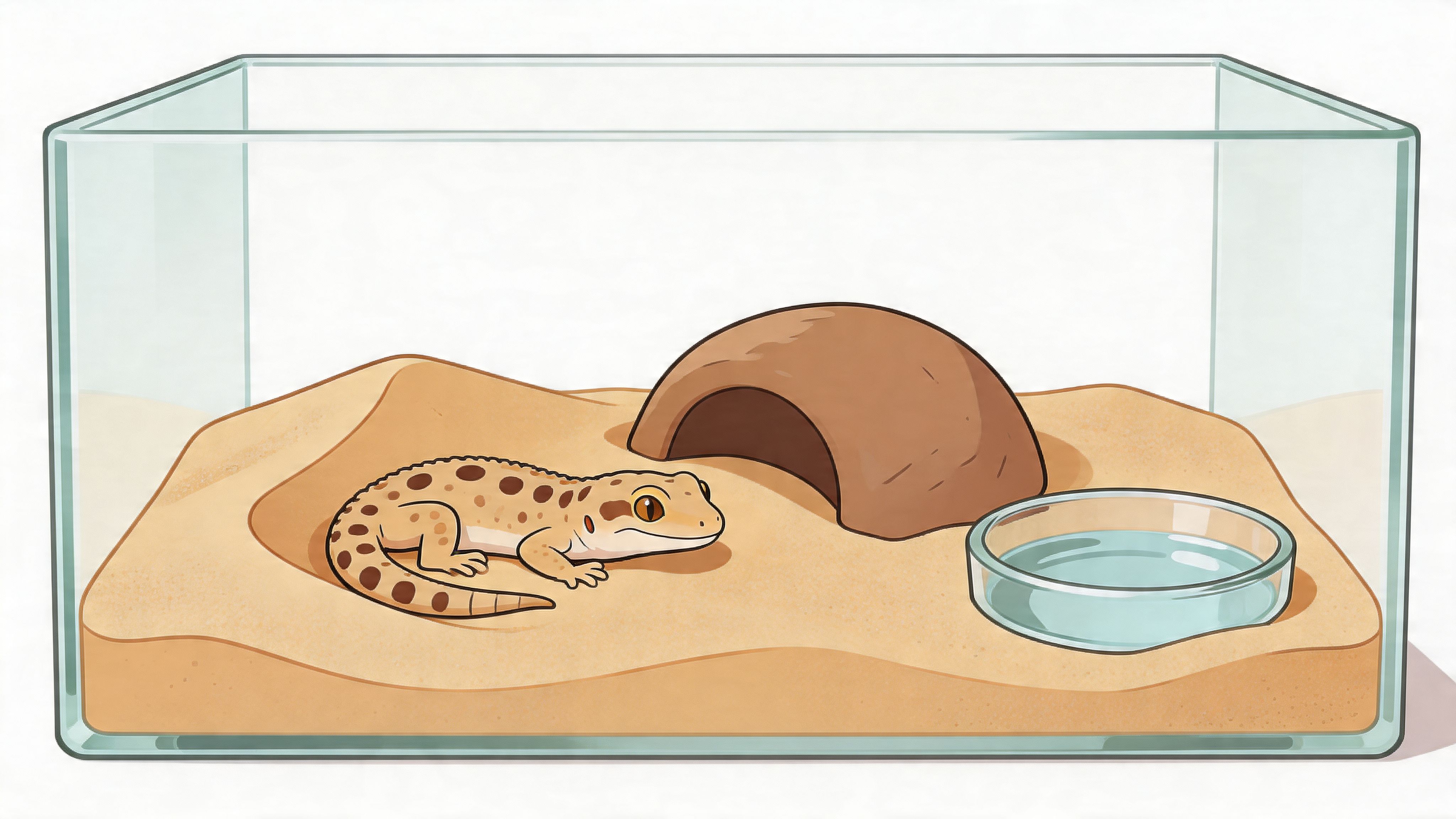 A cute leopard gecko resting on sand inside a glass enclosure with a hide and water dish.