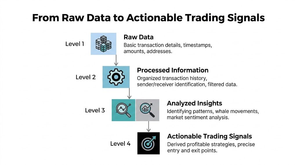 A diagram illustrating the four levels from raw blockchain data to actionable crypto trading signals.