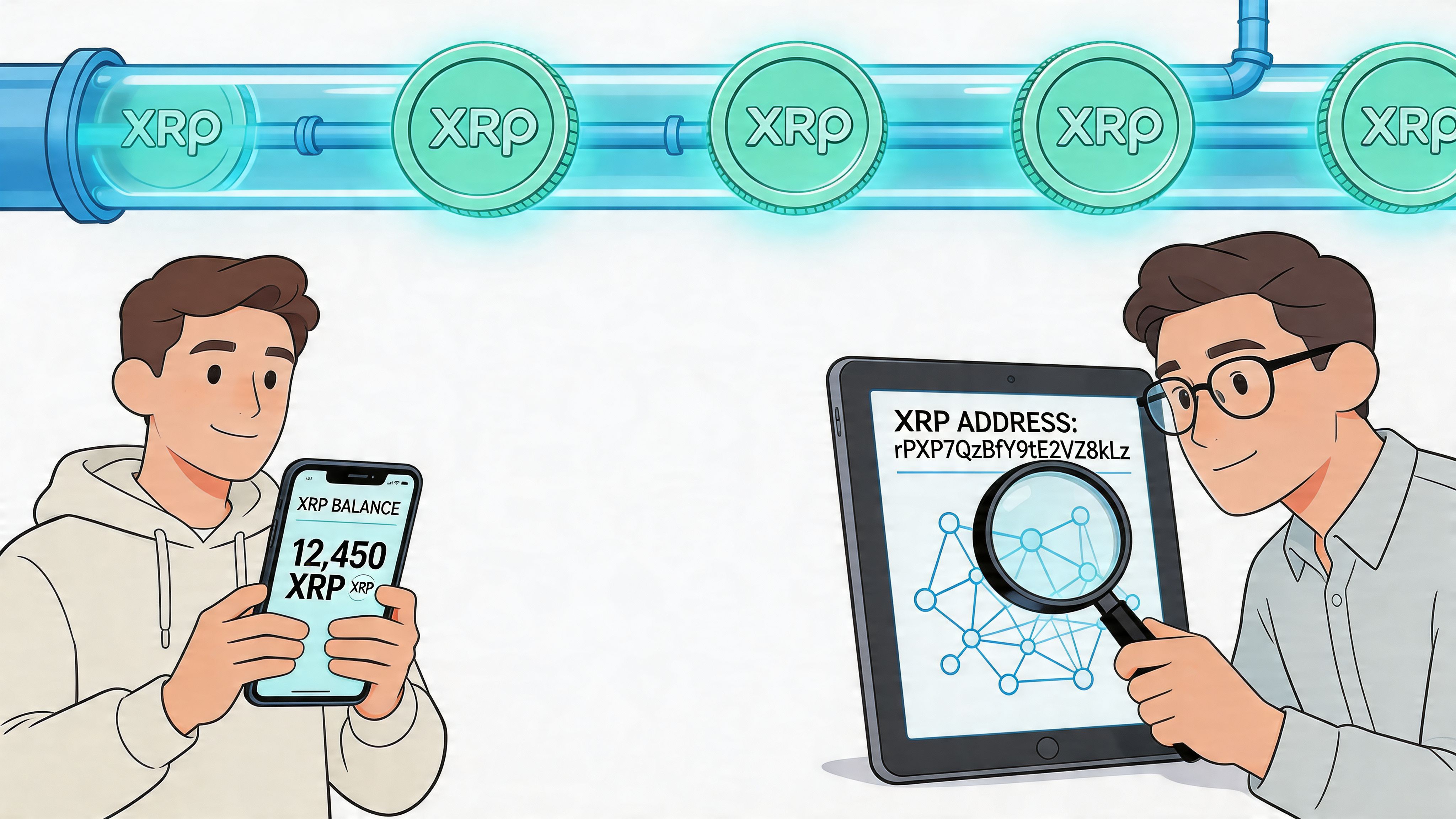 A person checking XRP balance on a phone while another examines a blockchain address on a tablet.