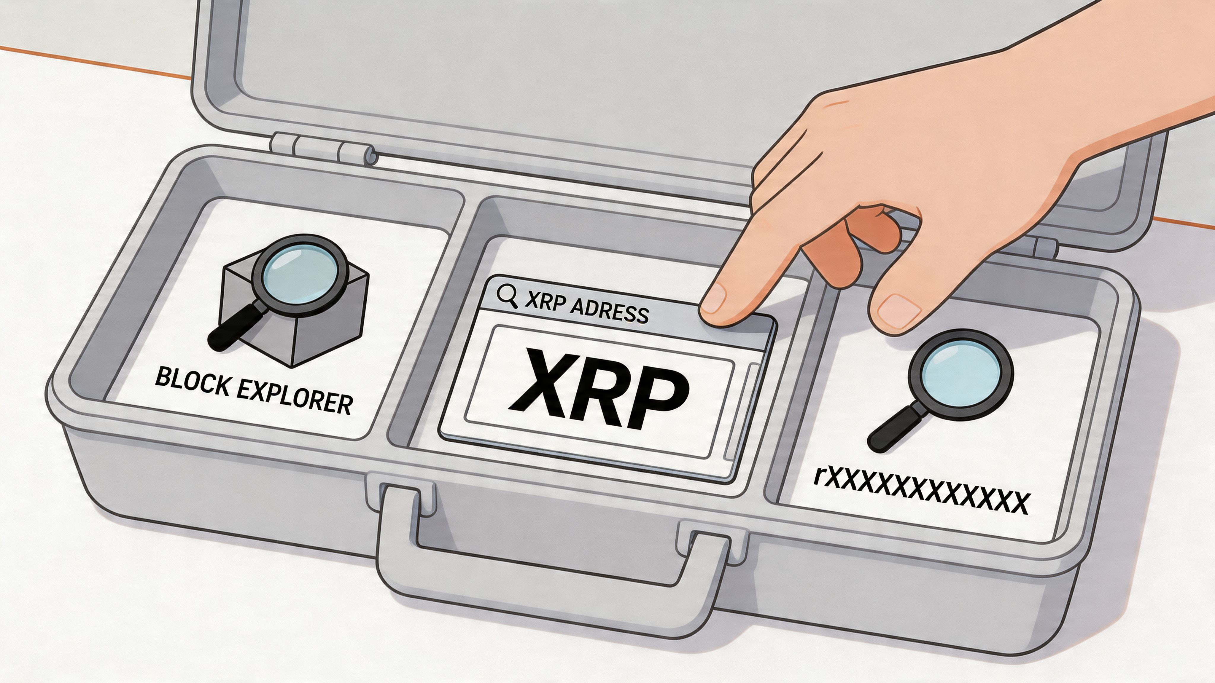A hand selecting an XRP address search box inside a briefcase containing crypto block explorer tools.