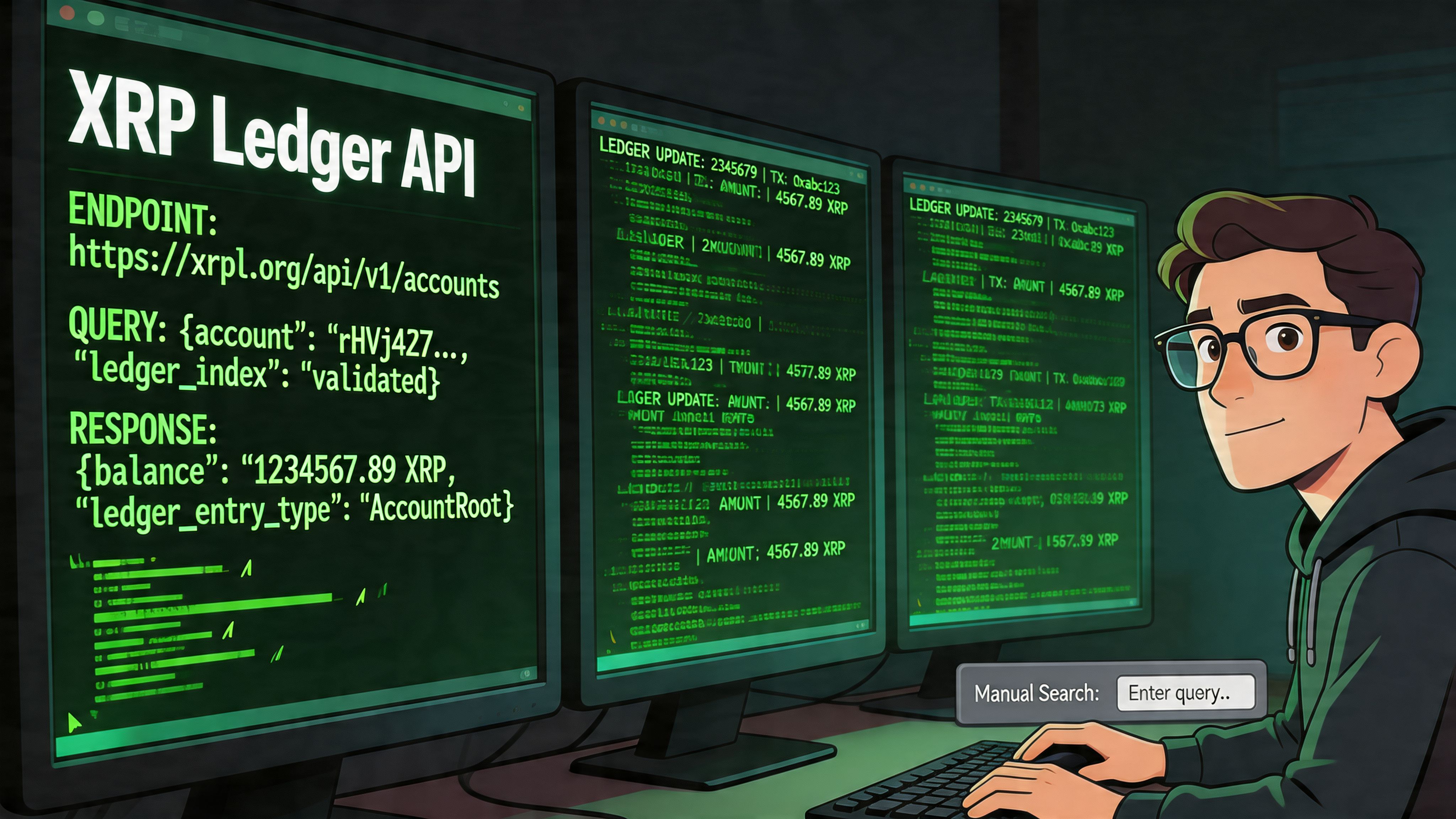 A cartoon man in glasses working at a computer with code related to XRP Ledger API displayed.