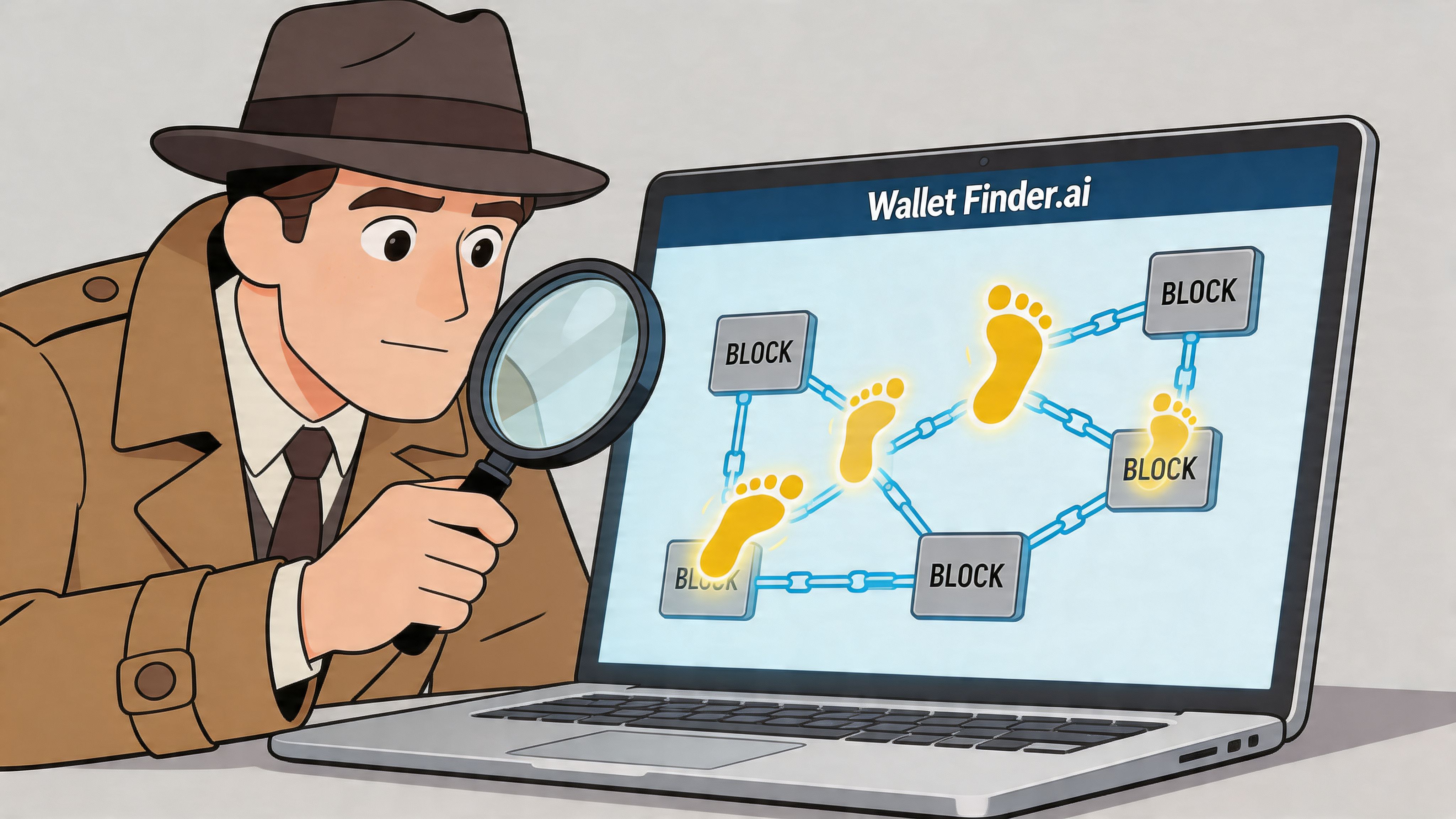 A cartoon detective uses a magnifying glass to investigate a blockchain network displayed on a laptop screen.