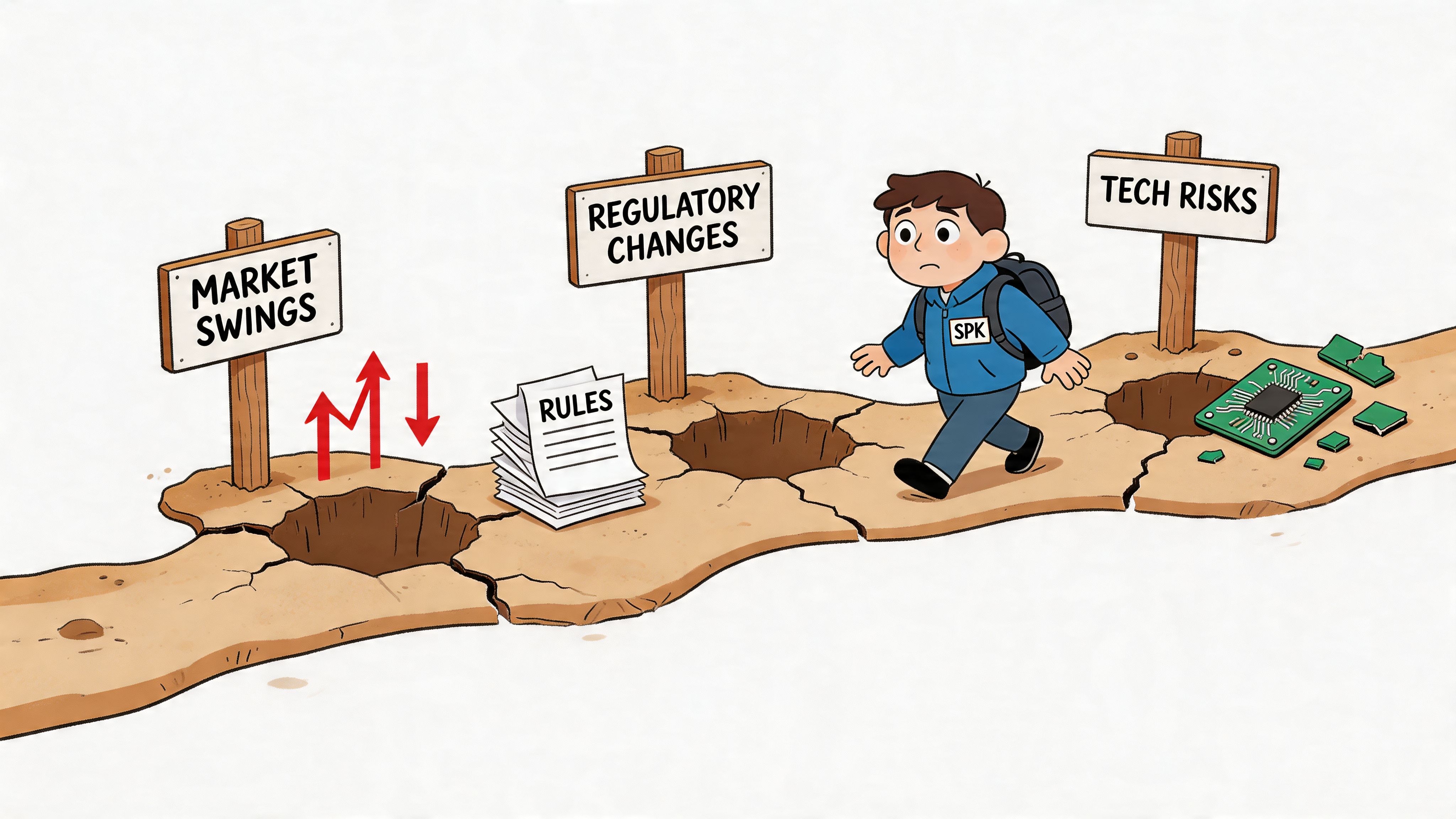 A student character navigating a path filled with obstacles representing market swings, regulatory changes, and tech risks.