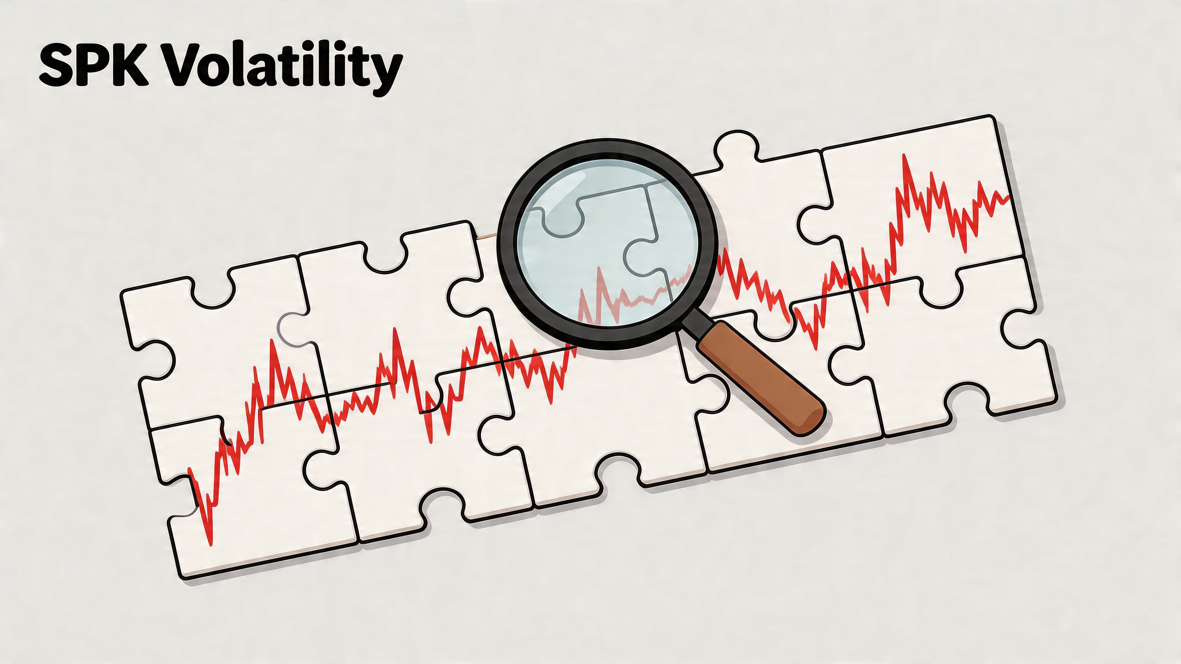 A magnifying glass examining a volatile red market graph represented on a series of jigsaw puzzle pieces.